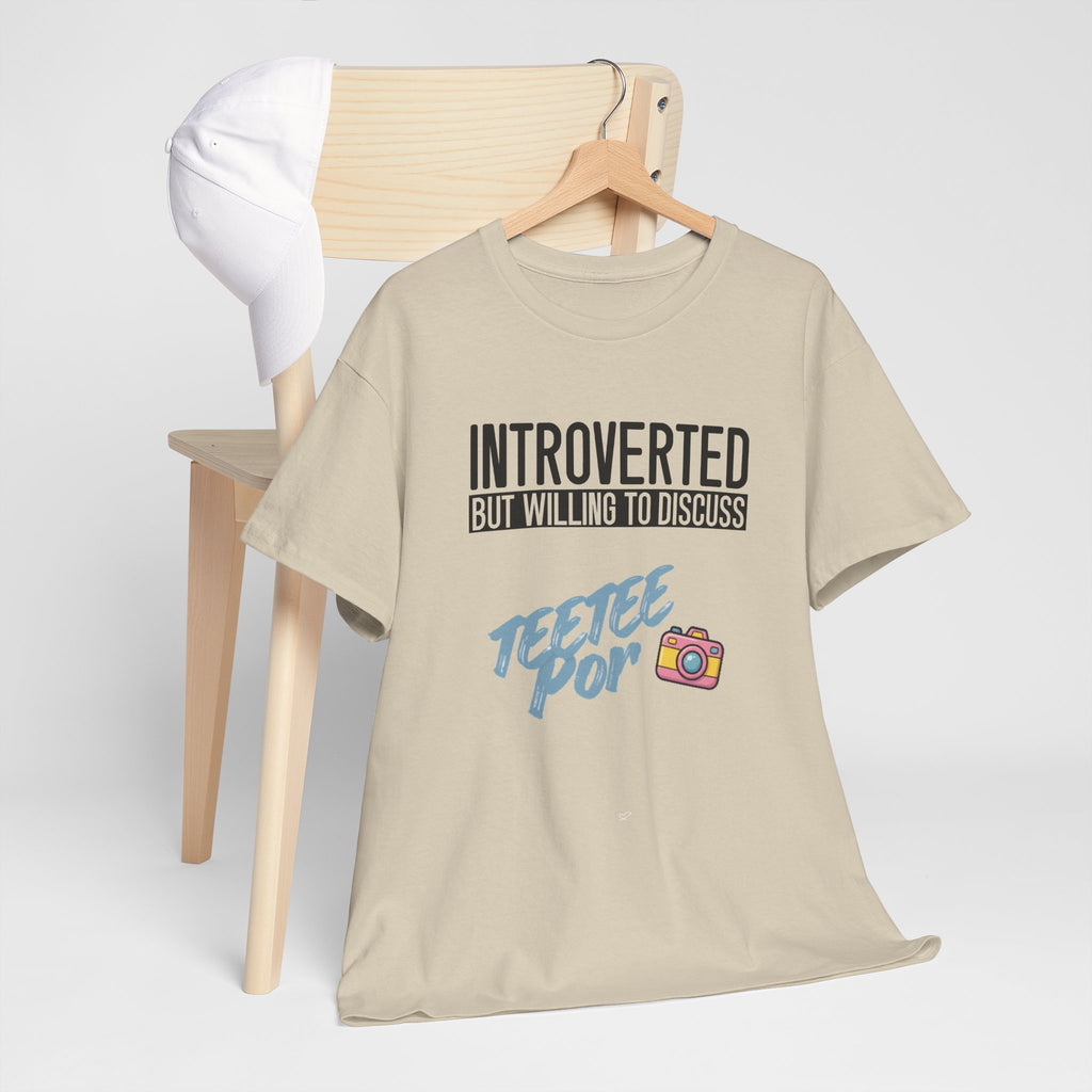 Sand Introverted TeeteePor slogan tee displayed on a wooden hanger