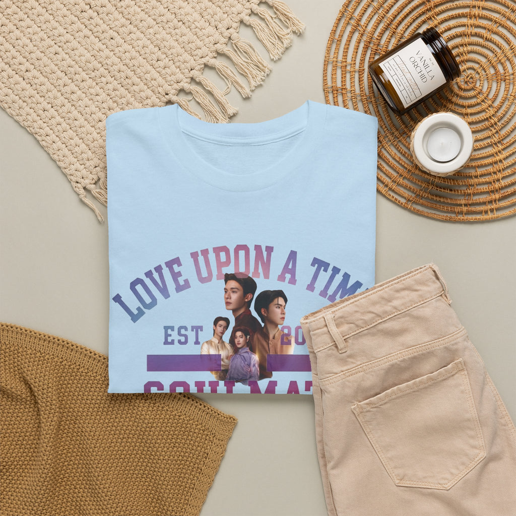 Light blue Love Upon a Time Soulmate Program varsity t-shirt styled flat with chinos and coffee — Thai BL fan merch