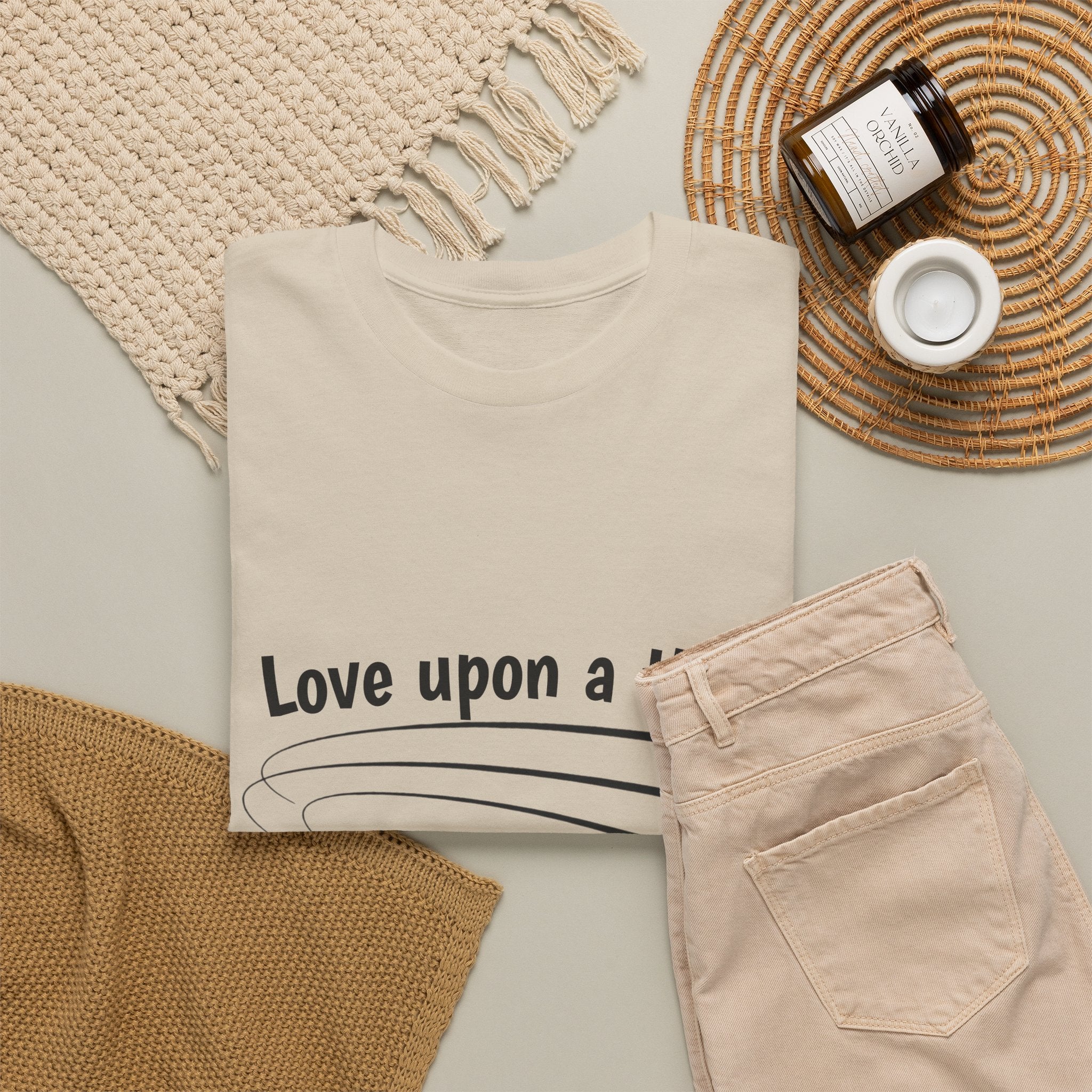 Sand Love Upon a Time Shooting Stars t-shirt styled flat with chinos and coffee — Thai BL series fan merch