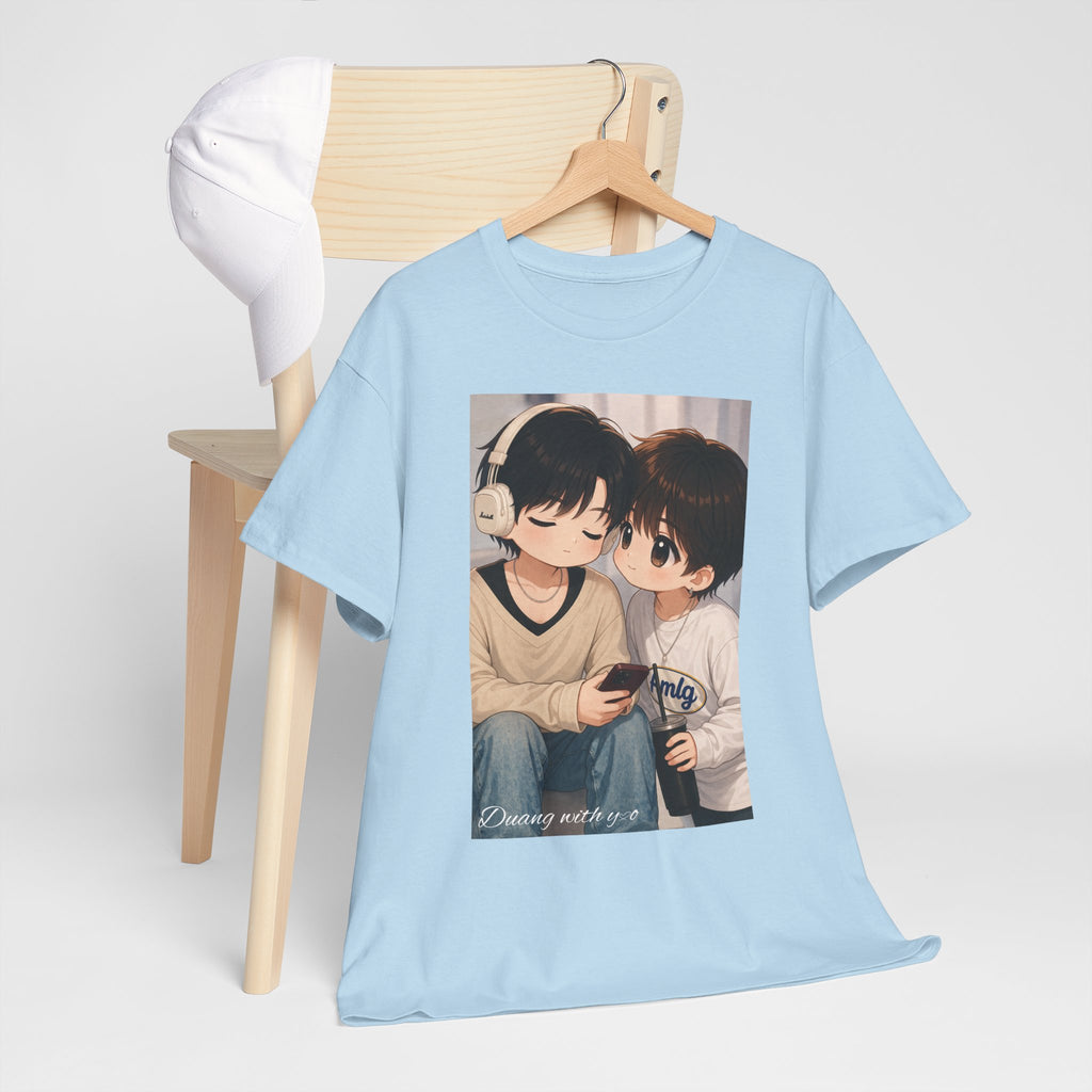 Light Blue Duang With You TeeteePor chibi couple tee on a wooden hanger