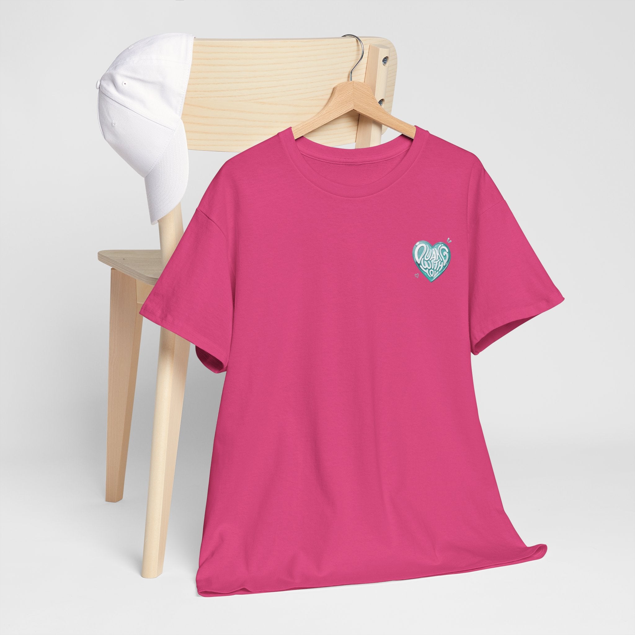 Heliconia pink Duang With You t-shirt on a hanger — mint heart chest print, TeeteePor Thai BL fan merch