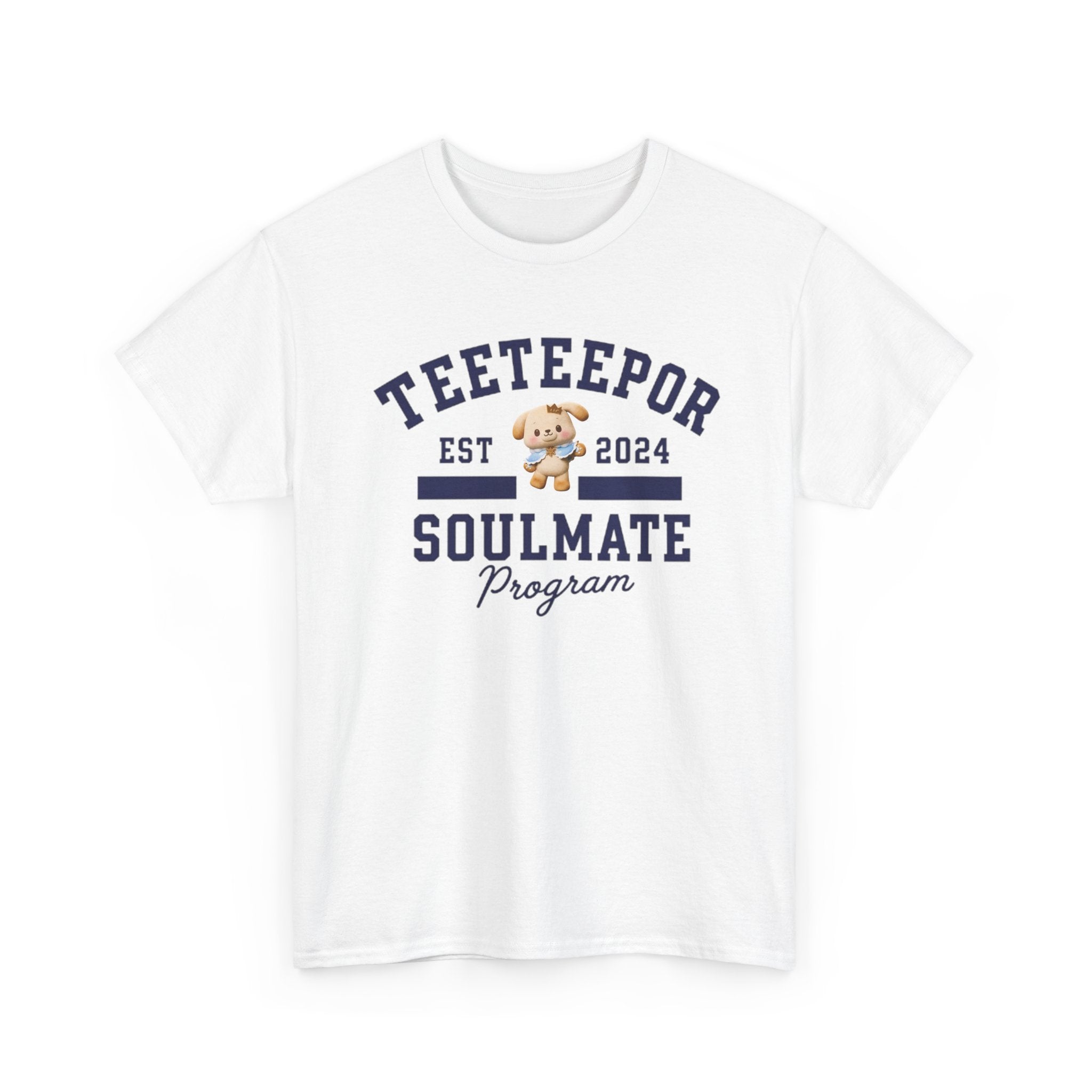 TeeteePor Soulmate Program varsity t-shirt in white, with BokBear mascot — Thai BL Duang With You fan merch