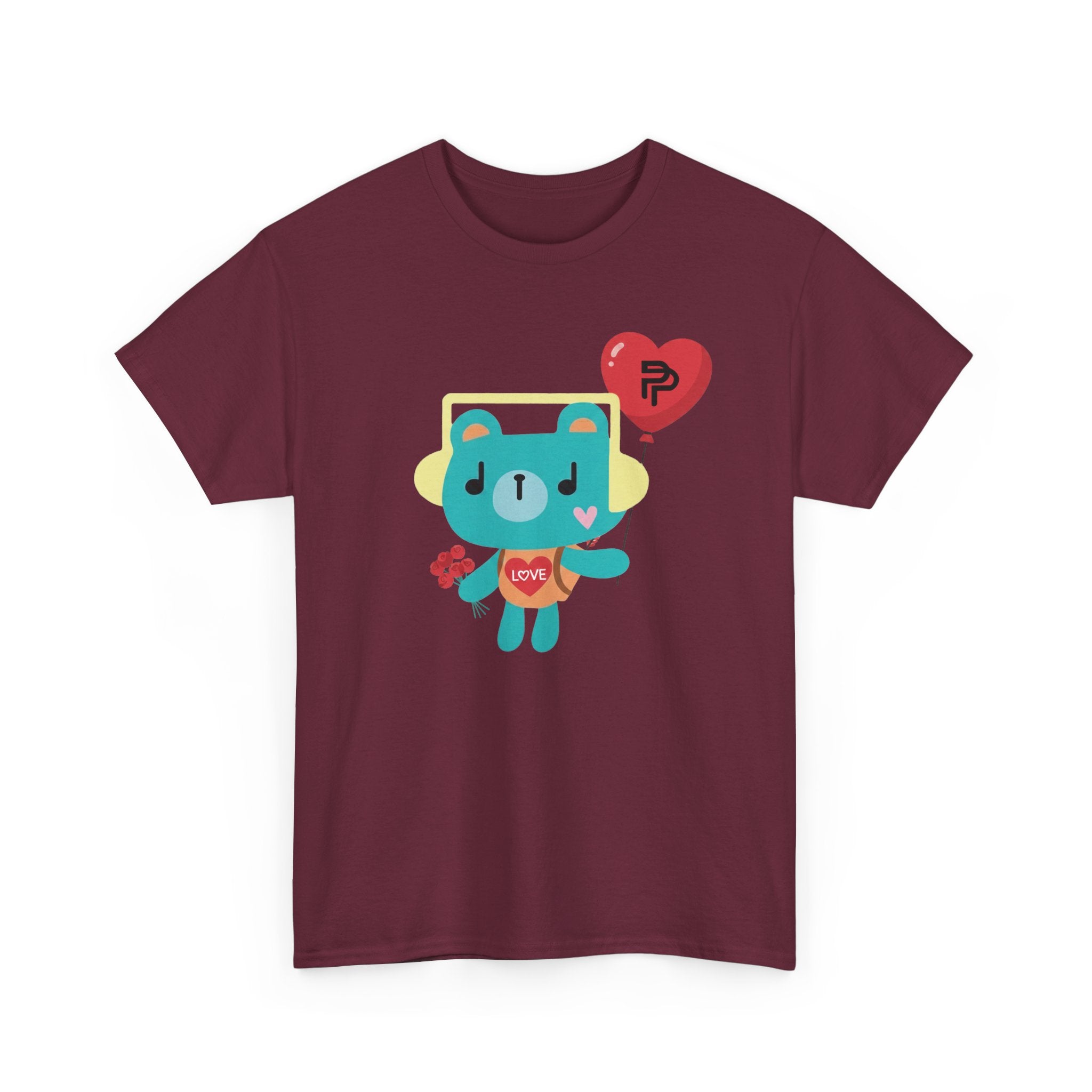 PondPhuwin 'Permpoon' bear mascot print on a maroon unisex t-shirt (Thai BL fan merch), front view