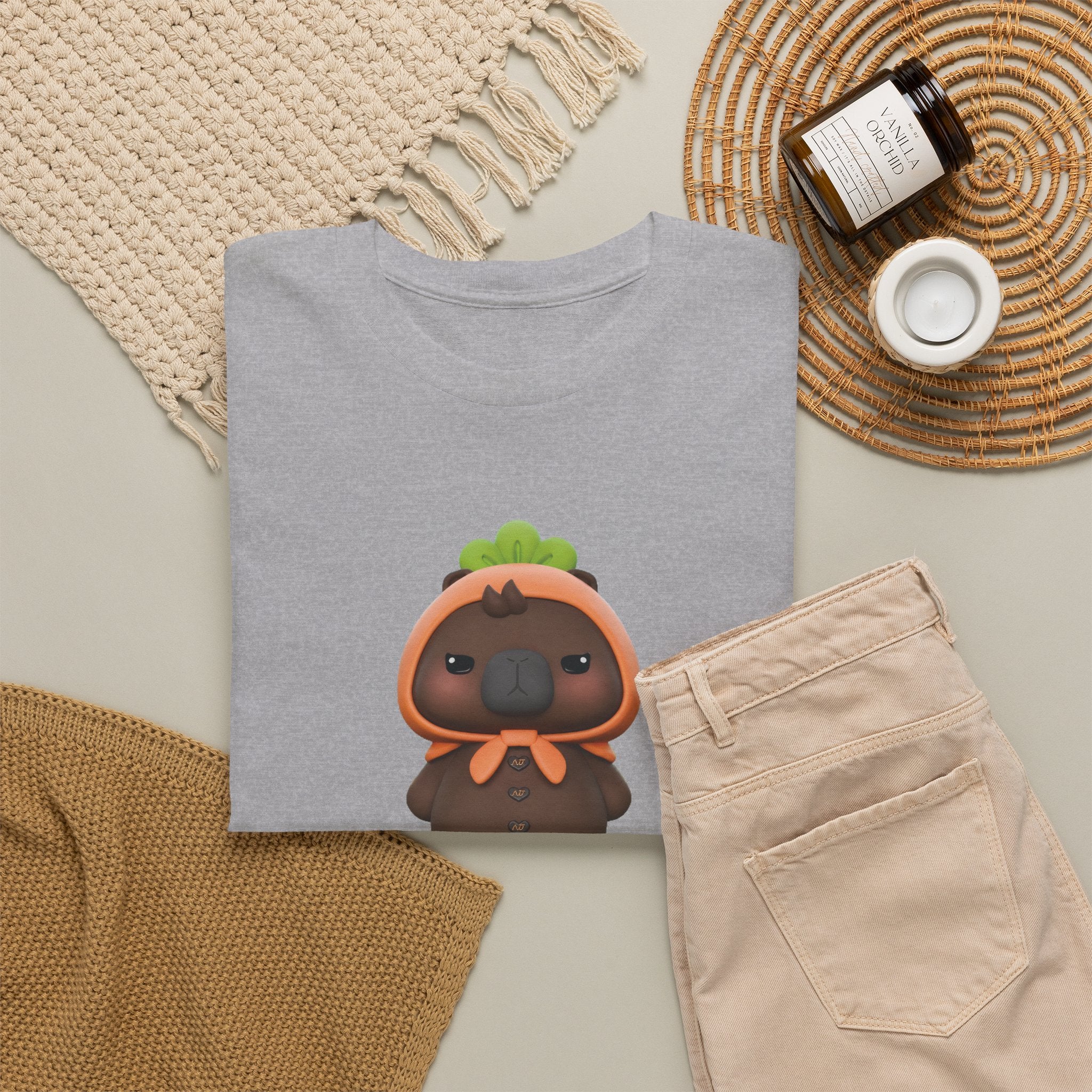Sport grey NetJJ JookKroo mascot t-shirt styled flat with chinos and coffee — Thai BL fan merch