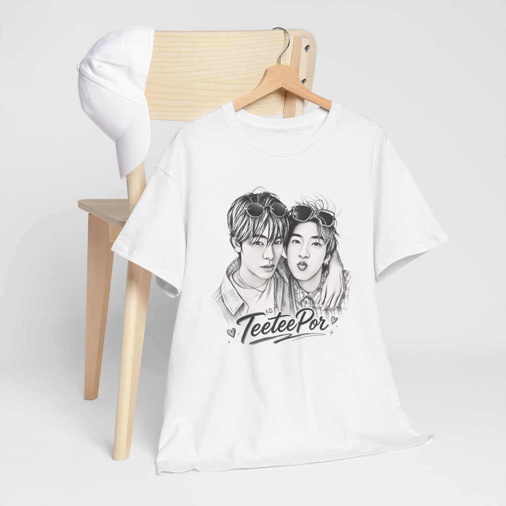 Folded white TeeteePor sketch t-shirt, front view — TeeTee and Por, Duang With You Thai BL fan merch