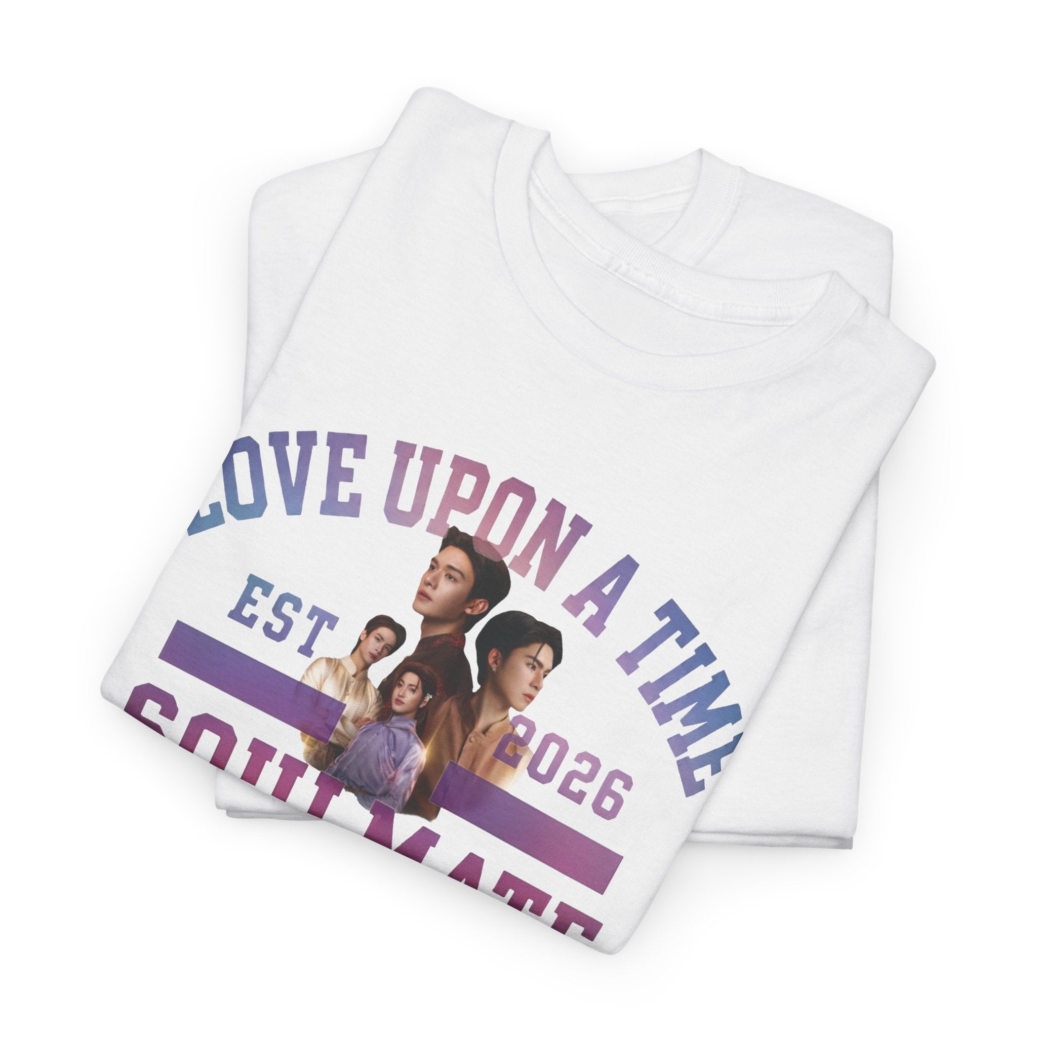 Folded white Love Upon a Time Soulmate Program varsity t-shirt — NetJJ and LatteKim Thai BL fan merch