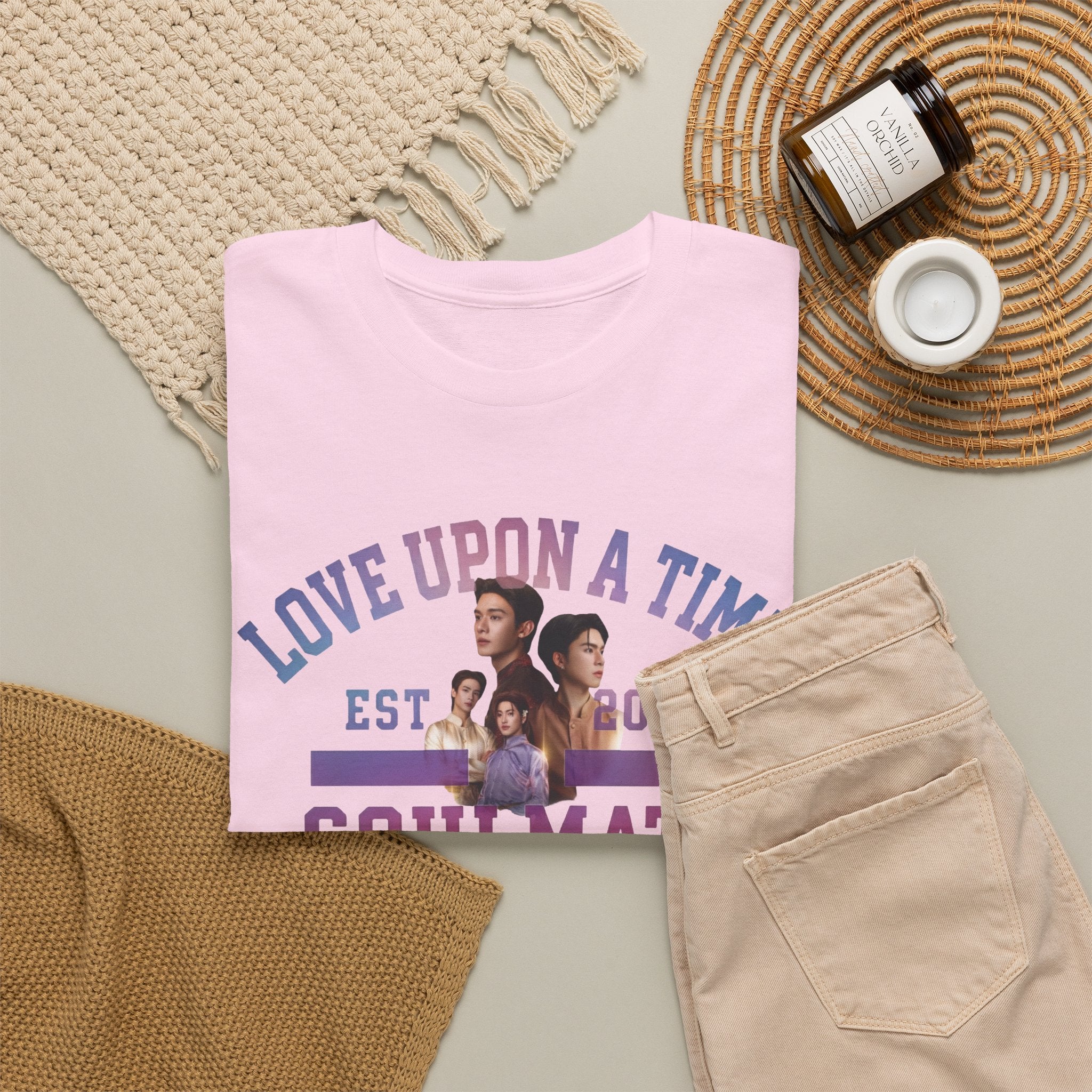 Light pink Love Upon a Time Soulmate Program varsity t-shirt styled flat with chinos and coffee — Thai BL fan merch