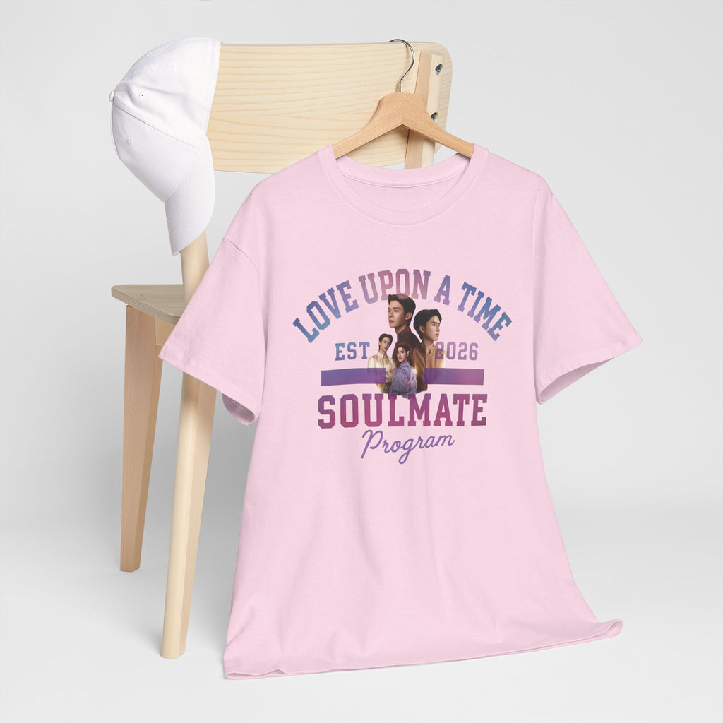 Light pink Love Upon a Time Soulmate Program varsity t-shirt on a hanger — NetJJ and LatteKim Thai BL fan merch