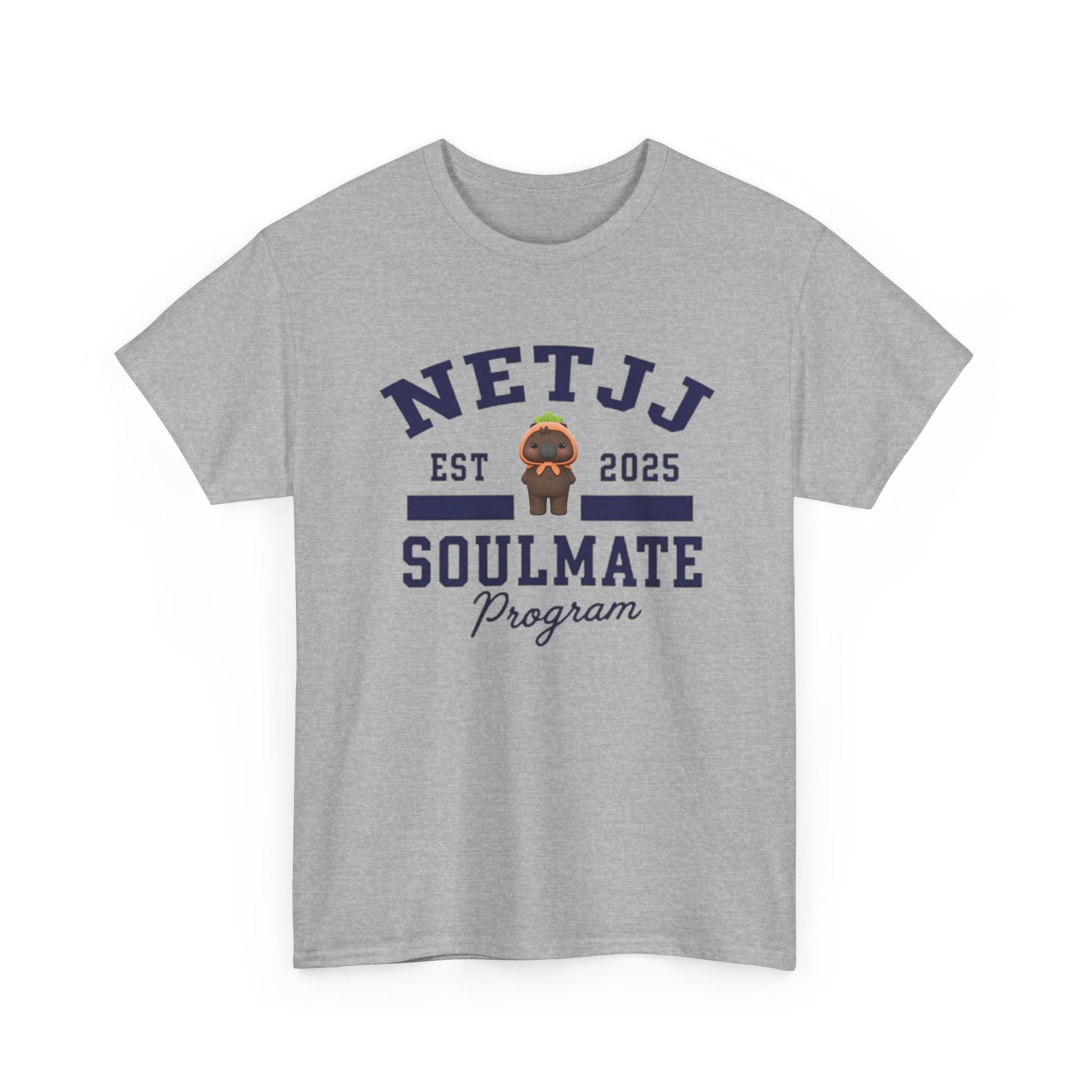 NetJJ Soulmate Program varsity t-shirt in sport grey, with Jookkroo mascot — Thai BL Love Upon a Time fan merch