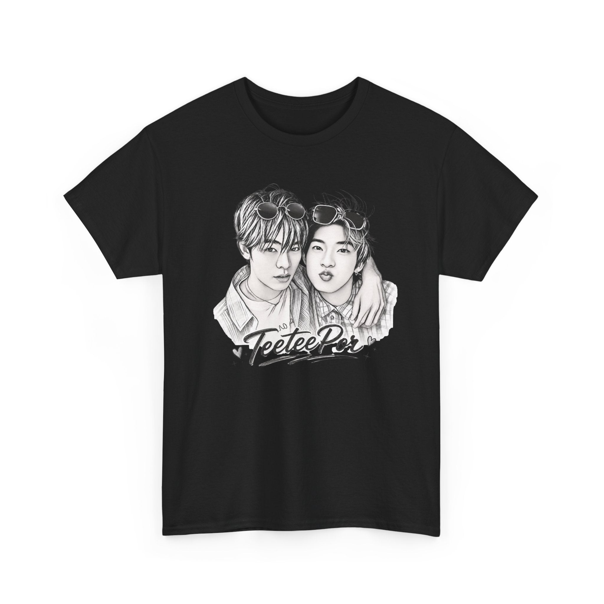 TeeteePor sketch t-shirt in black — TeeTee and Por pencil portrait, Duang With You Thai BL fan merch