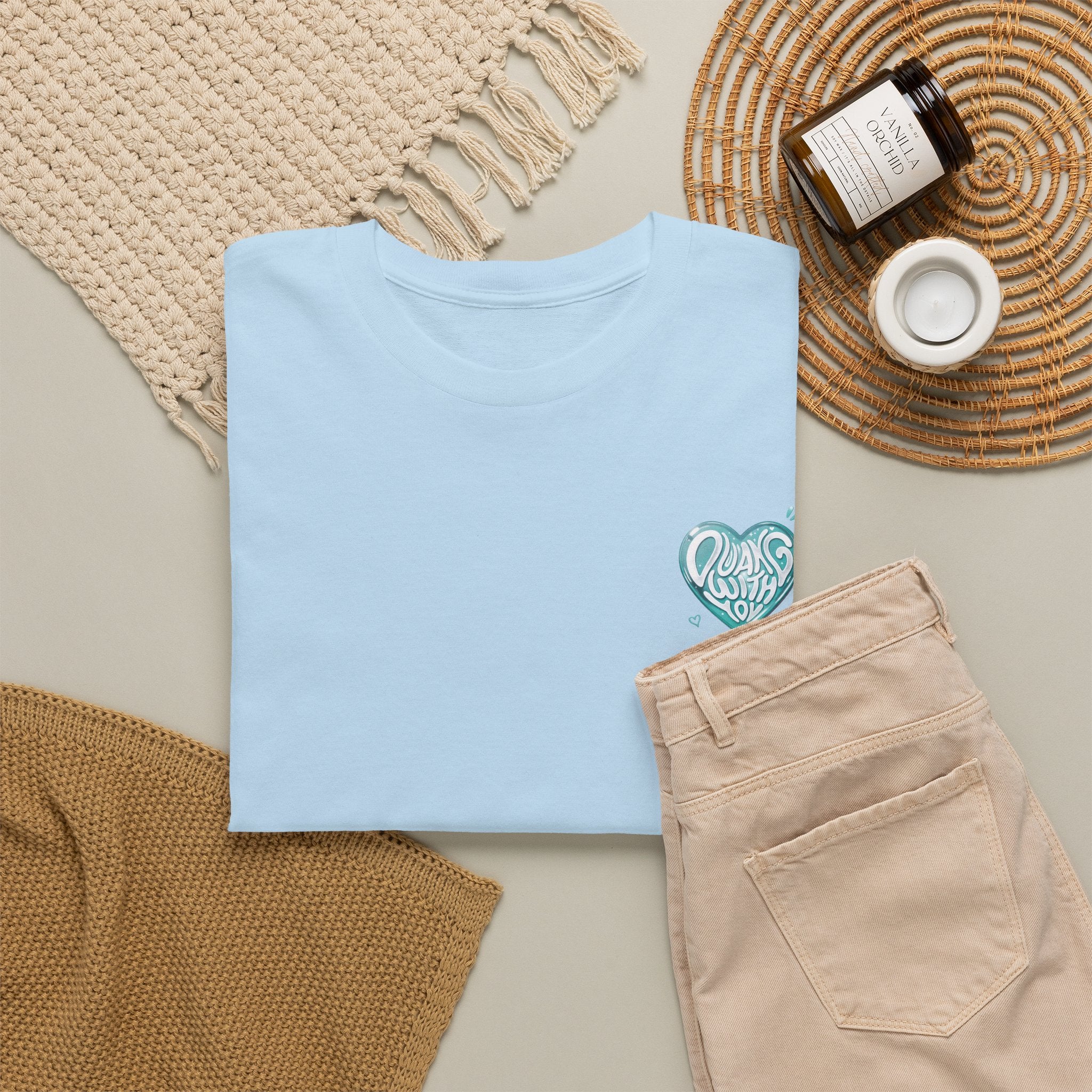 Light blue Duang With You t-shirt styled flat with chinos and coffee — TeeteePor Thai BL fan merch