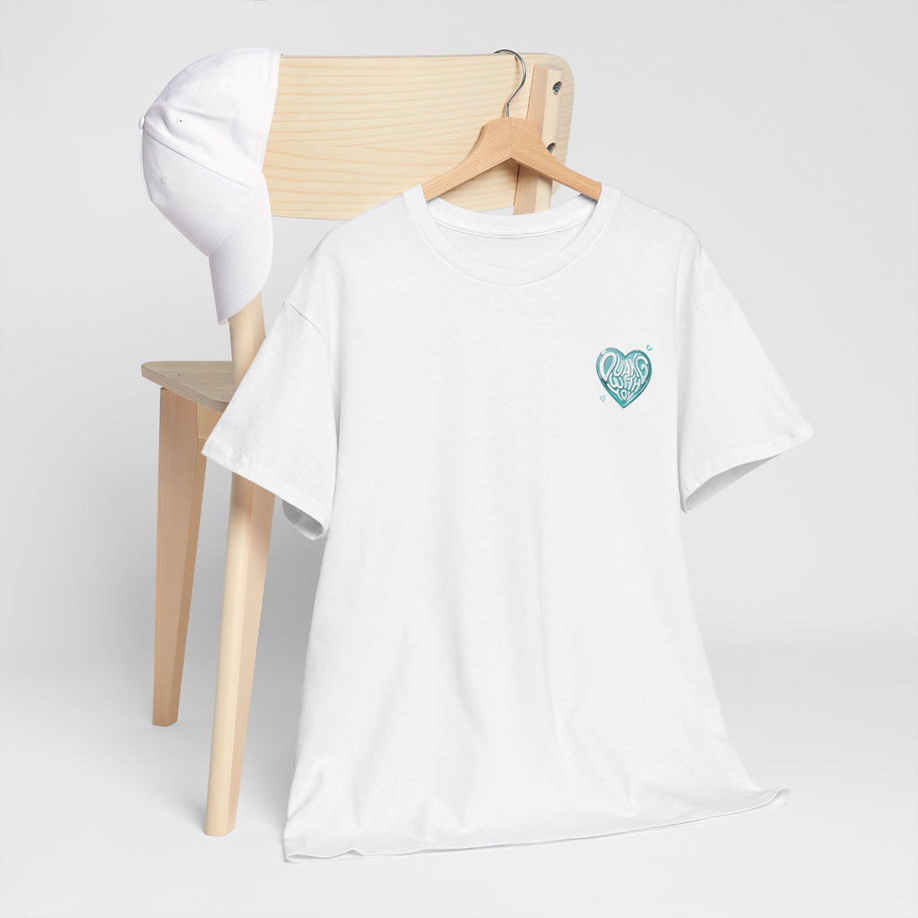 White Duang With You t-shirt on a hanger — mint heart chest print, TeeteePor Thai BL fan merch