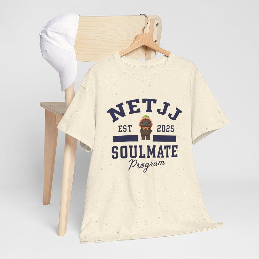 NetJJ Soulmate Program varsity t-shirt with Jookkroo mascot — Thai BL Love Upon a Time fan merch, Domundi ship tee