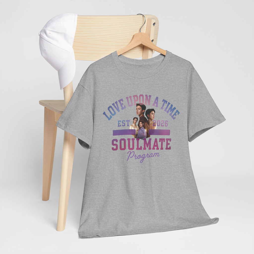 Sport grey Love Upon a Time Soulmate Program varsity t-shirt on a hanger — NetJJ and LatteKim Thai BL fan merch
