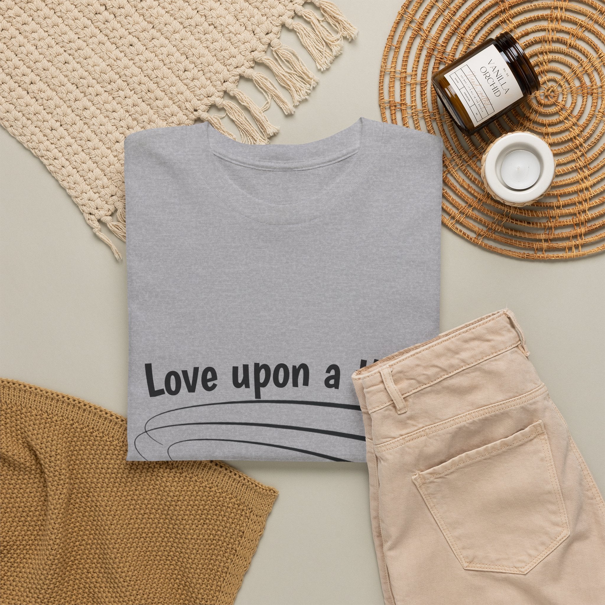 Sport grey Love Upon a Time Shooting Stars t-shirt styled flat with chinos and coffee — Thai BL series fan merch