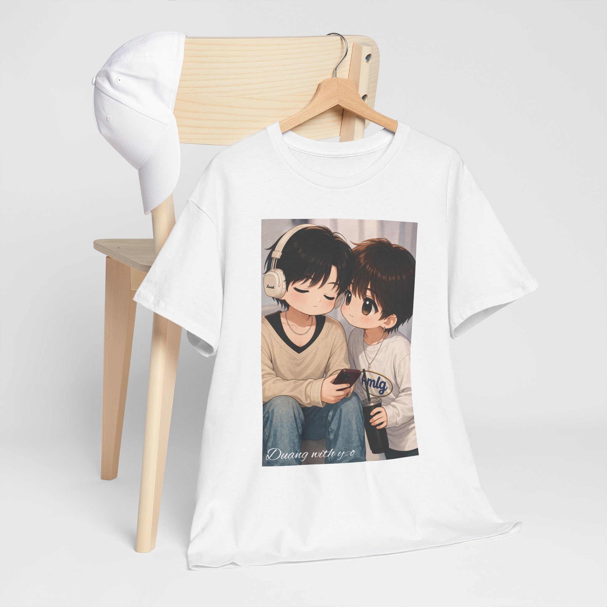 White Duang With You TeeteePor chibi couple tee on a wooden hanger