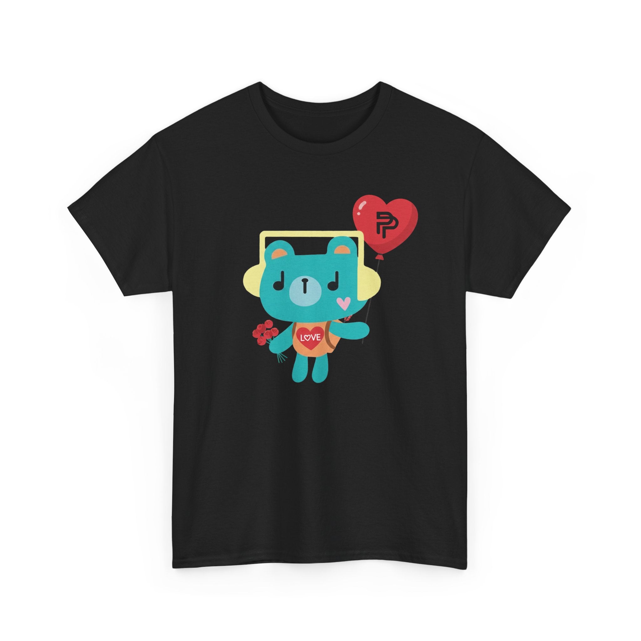PondPhuwin 'Permpoon' bear mascot print on a black unisex t-shirt (Thai BL fan merch), front view