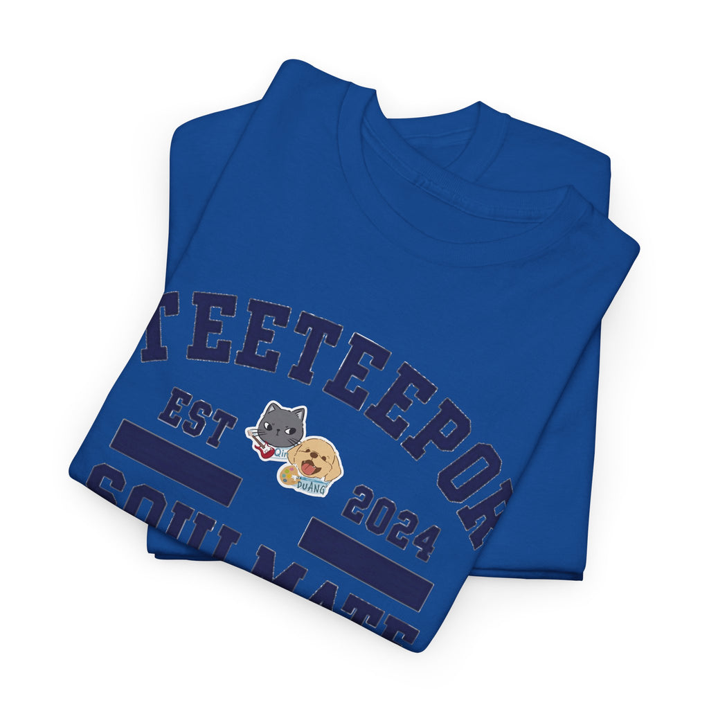 Folded Royal TeeteePor Soulmate Program varsity tees showing the navy print