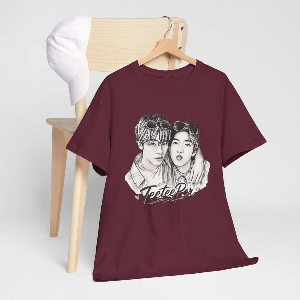 Maroon TeeteePor sketch t-shirt on a hanger — TeeTee and Por, Duang With You Thai BL fan merch