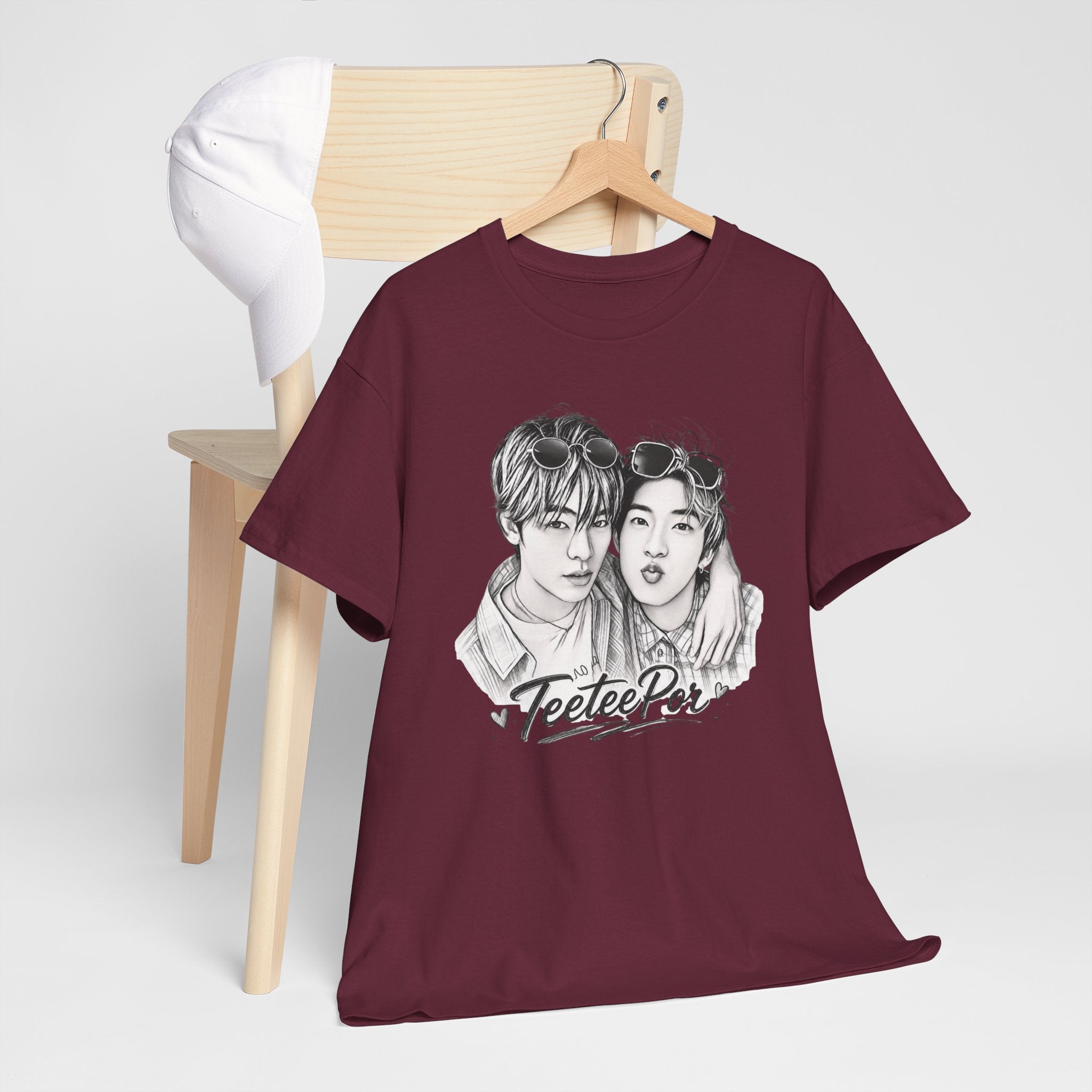 Maroon TeeteePor sketch t-shirt on a hanger — TeeTee and Por, Duang With You Thai BL fan merch