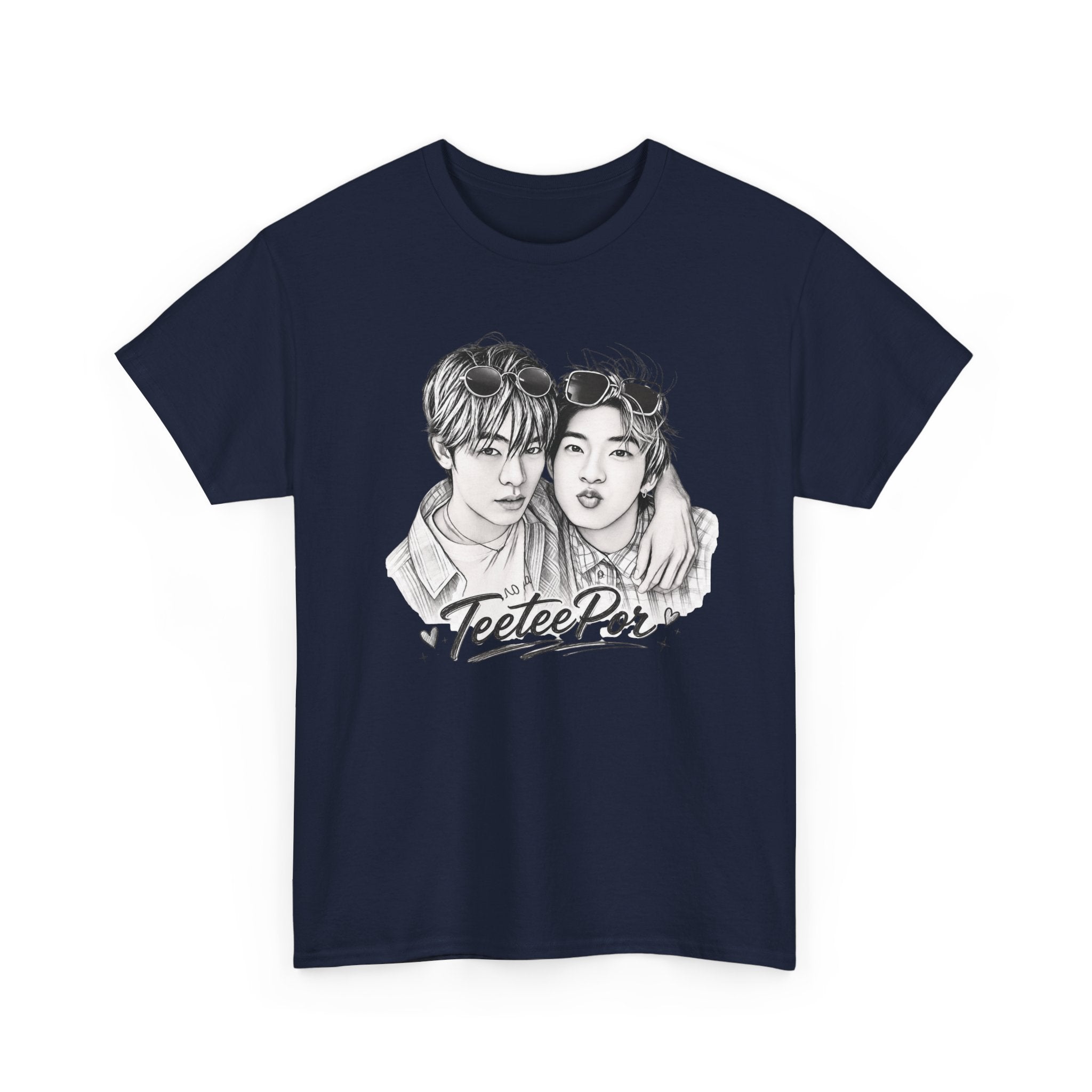 TeeteePor sketch t-shirt in navy — TeeTee and Por pencil portrait, Duang With You Thai BL fan merch