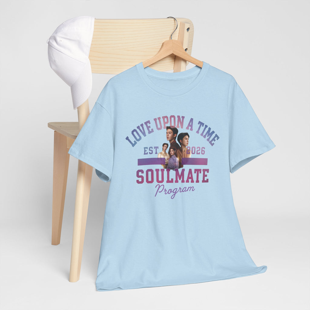 Light blue Love Upon a Time Soulmate Program varsity t-shirt on a hanger — NetJJ and LatteKim Thai BL fan merch