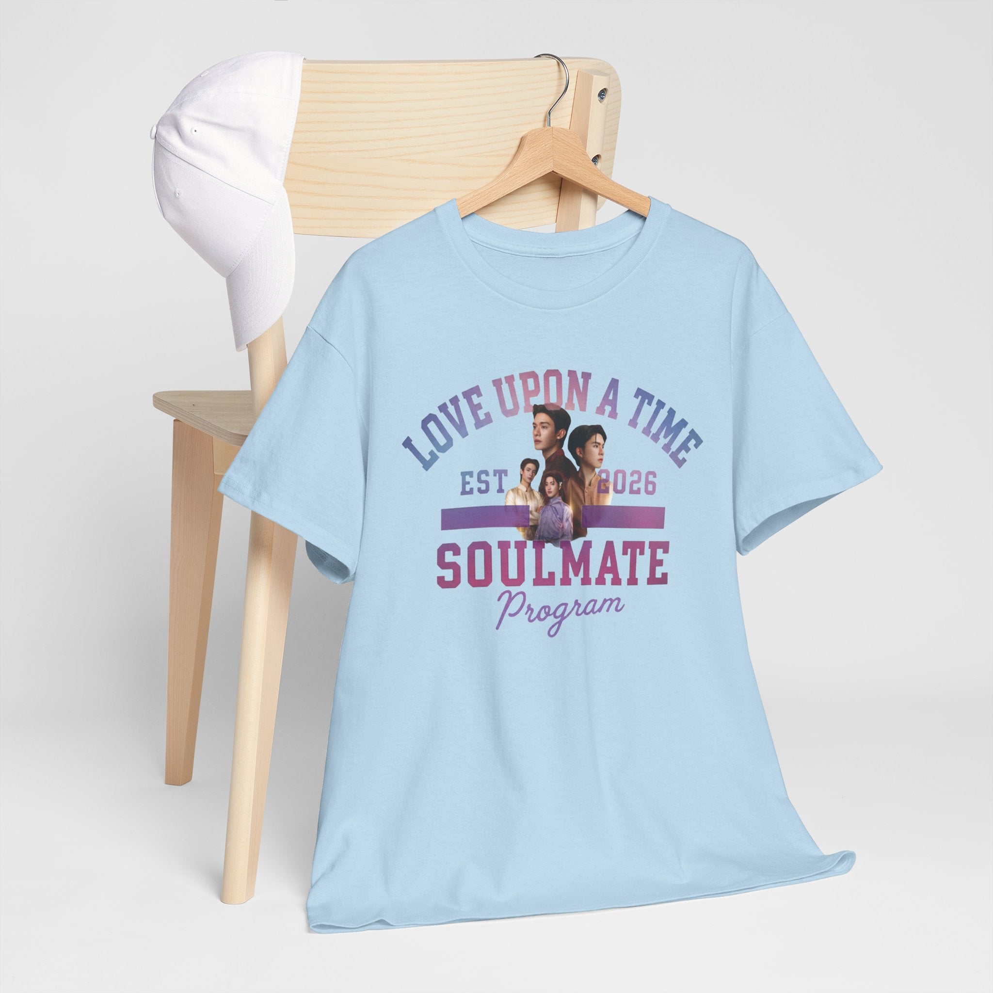 Light blue Love Upon a Time Soulmate Program varsity t-shirt on a hanger — NetJJ and LatteKim Thai BL fan merch