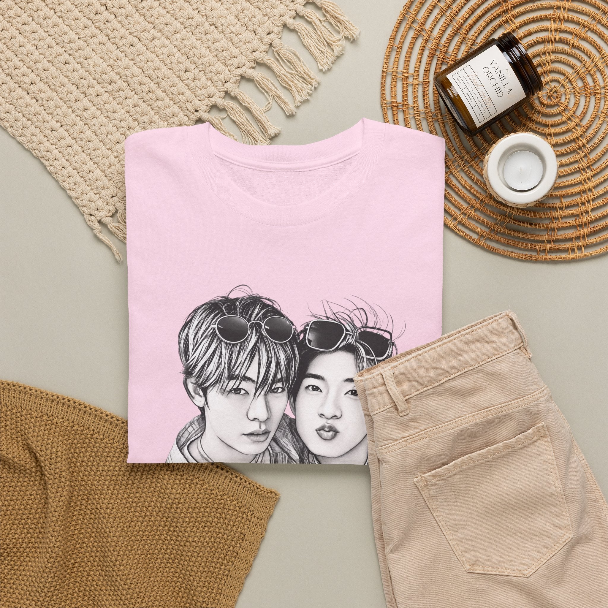 Folded light pink TeeteePor sketch t-shirt — TeeTee and Por, Duang With You Thai BL fan merch