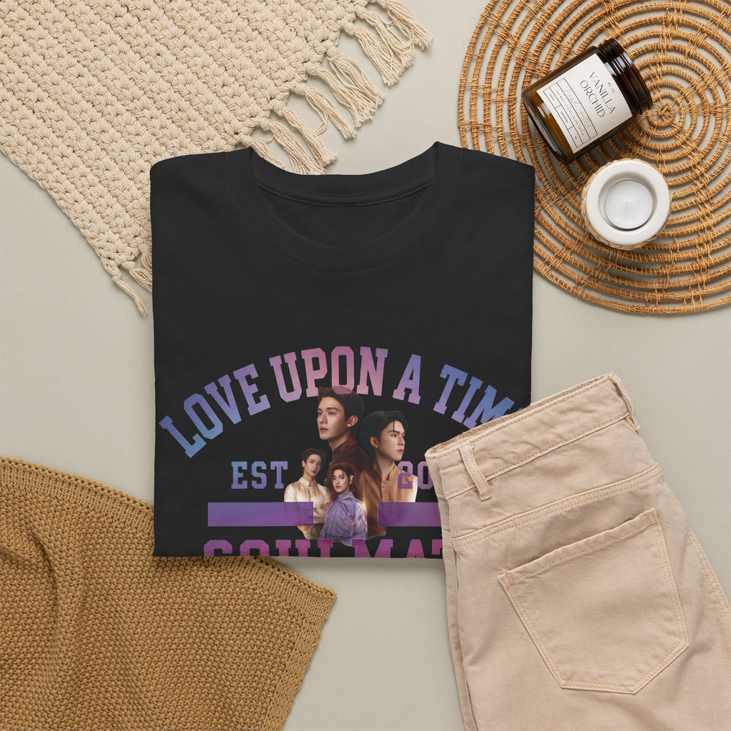 Black Love Upon a Time Soulmate Program varsity t-shirt styled flat with chinos and coffee — Thai BL fan merch