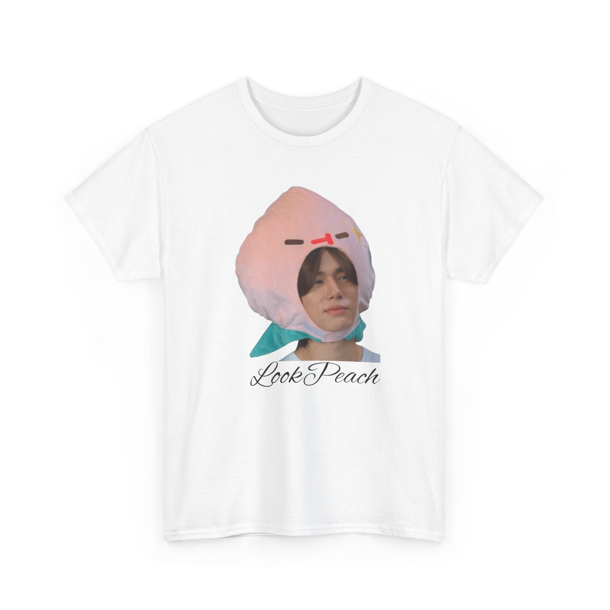 'Look Peach' – Phuwin as Peach photo print on a white unisex t-shirt (Me and Thee), front view