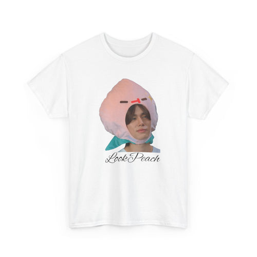 'Look Peach' – Phuwin as Peach photo print on a white unisex t-shirt (Me and Thee), front view
