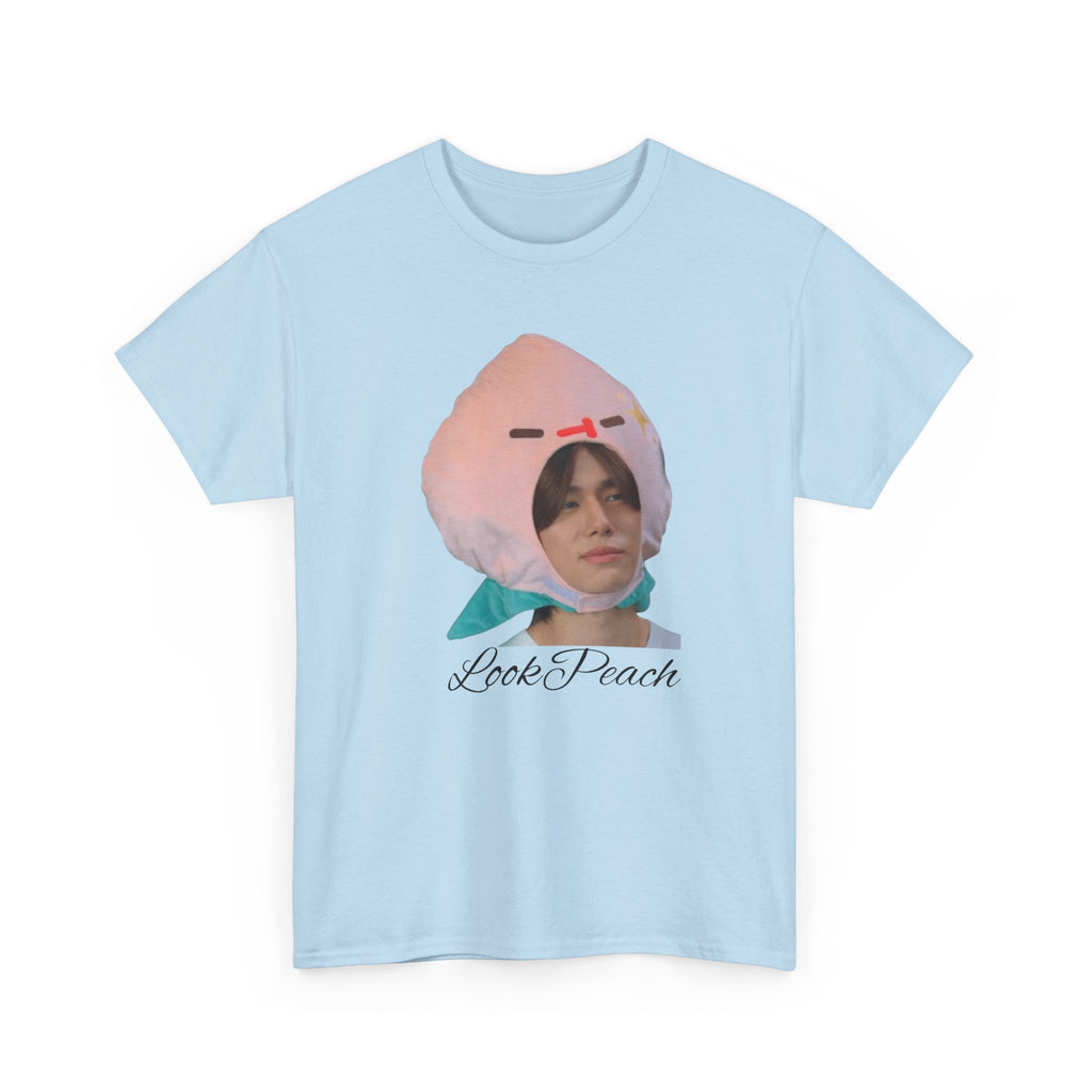 'Look Peach' – Phuwin as Peach photo print on a light blue unisex t-shirt (Me and Thee), front view