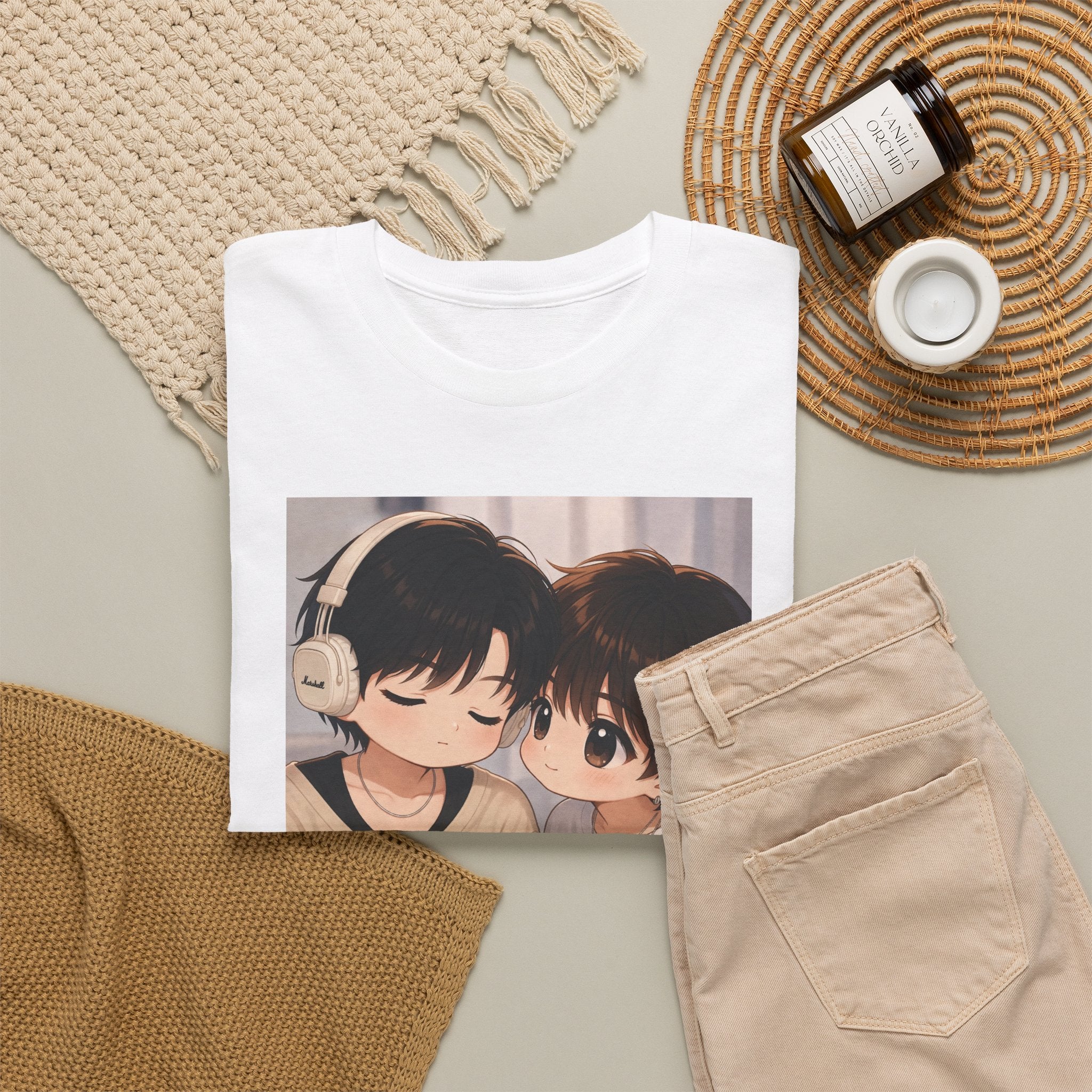 White Duang With You TeeteePor chibi tee, flat-lay styled with neutral props