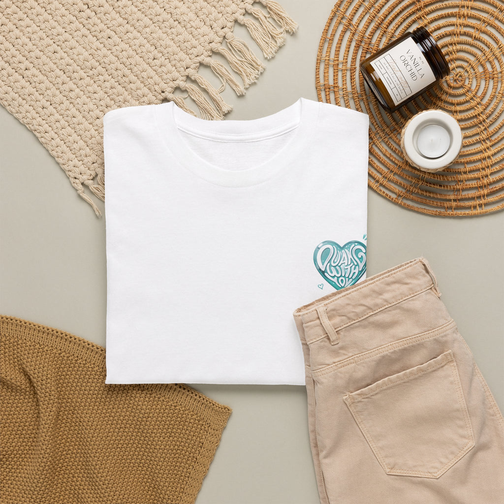 White Duang With You t-shirt styled flat with chinos and coffee — TeeteePor Thai BL fan merch