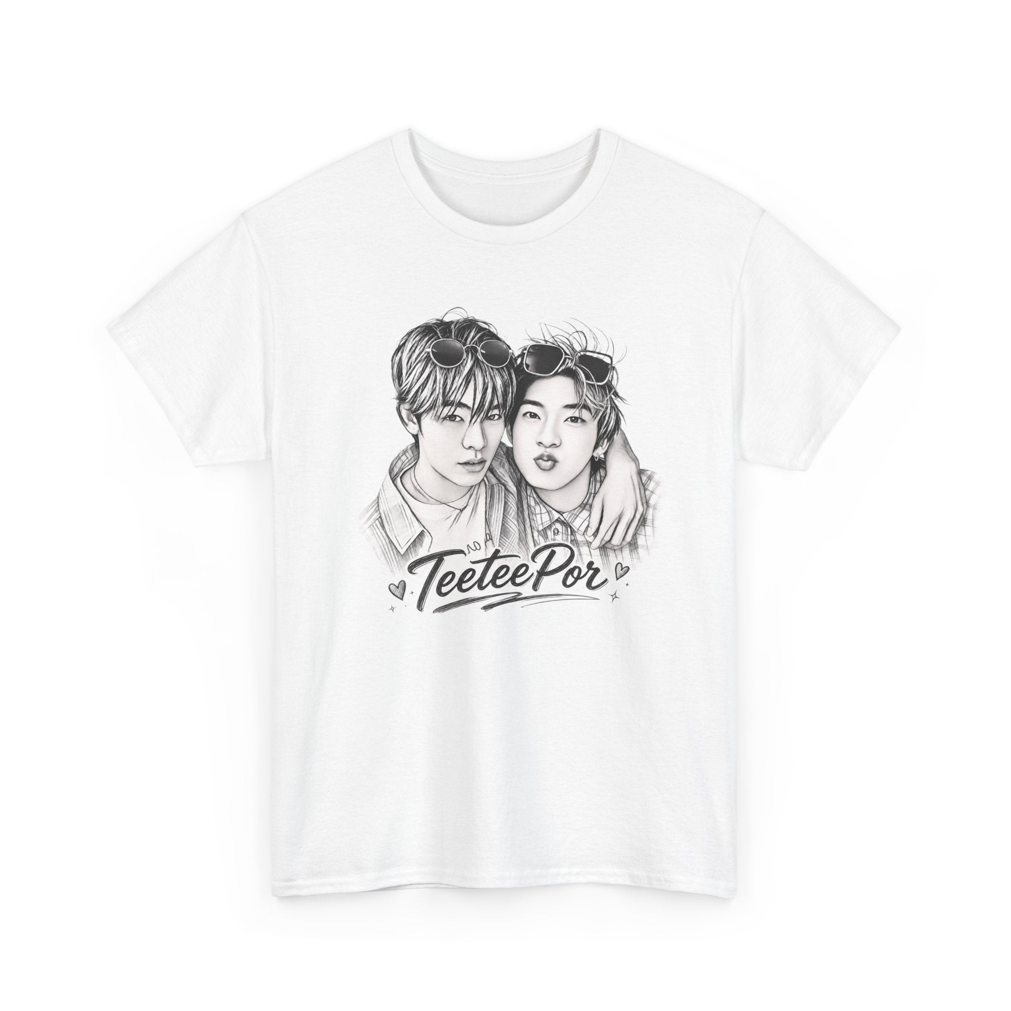 TeeteePor sketch t-shirt in white — TeeTee and Por pencil portrait, Duang With You Thai BL fan merch