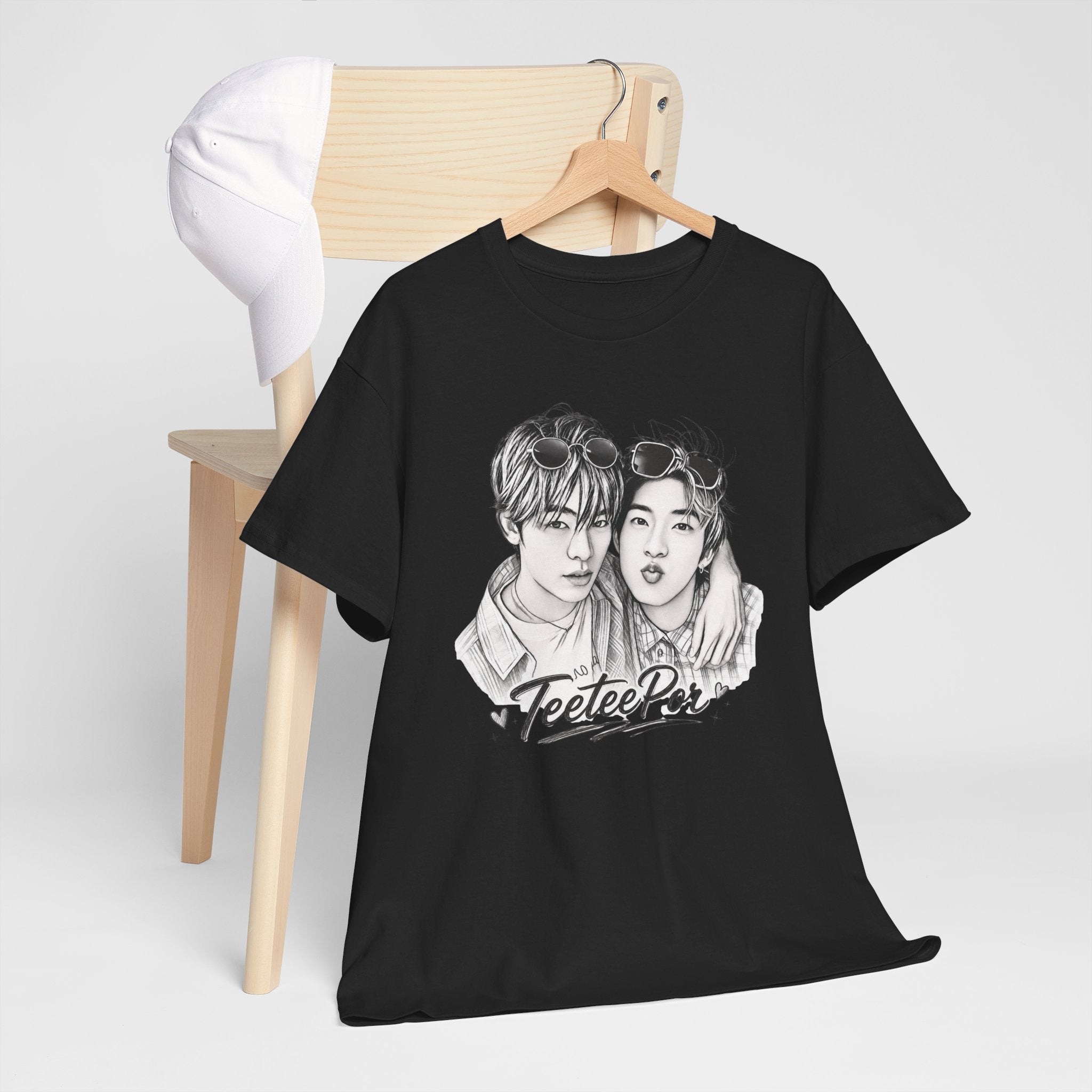 Black TeeteePor sketch t-shirt on a hanger — TeeTee and Por, Duang With You Thai BL fan merch