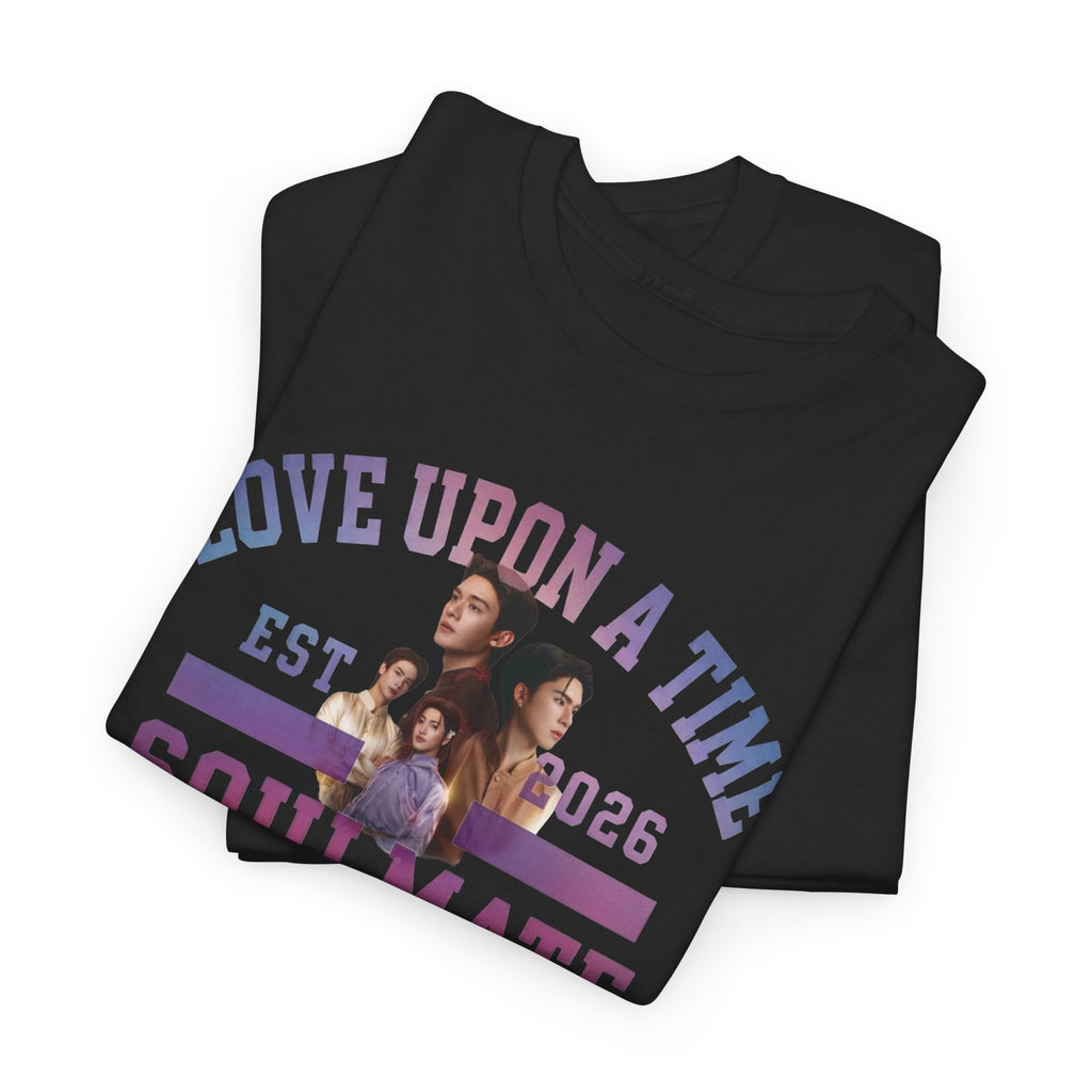 Folded black Love Upon a Time Soulmate Program varsity t-shirt — NetJJ and LatteKim Thai BL fan merch