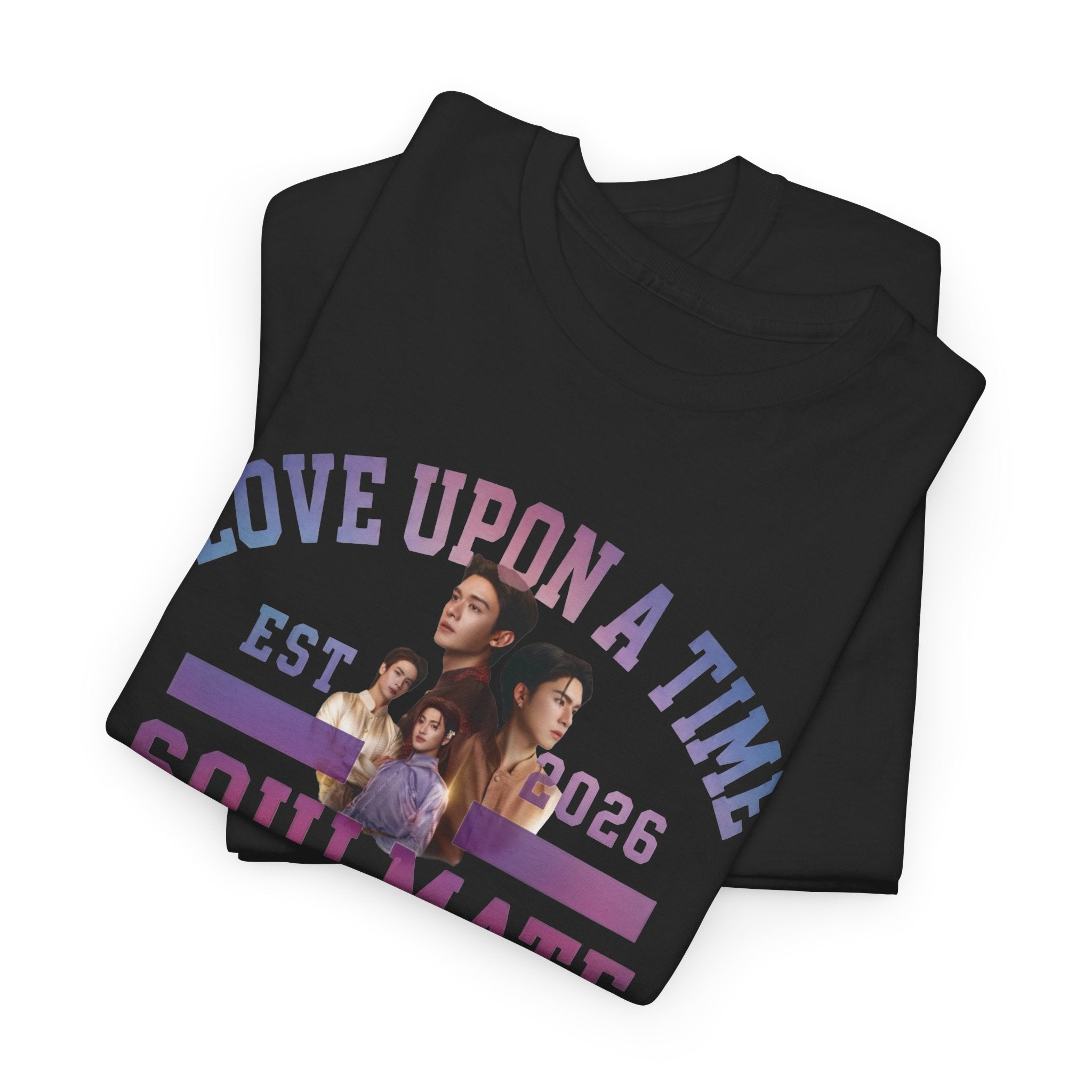 Folded black Love Upon a Time Soulmate Program varsity t-shirt — NetJJ and LatteKim Thai BL fan merch