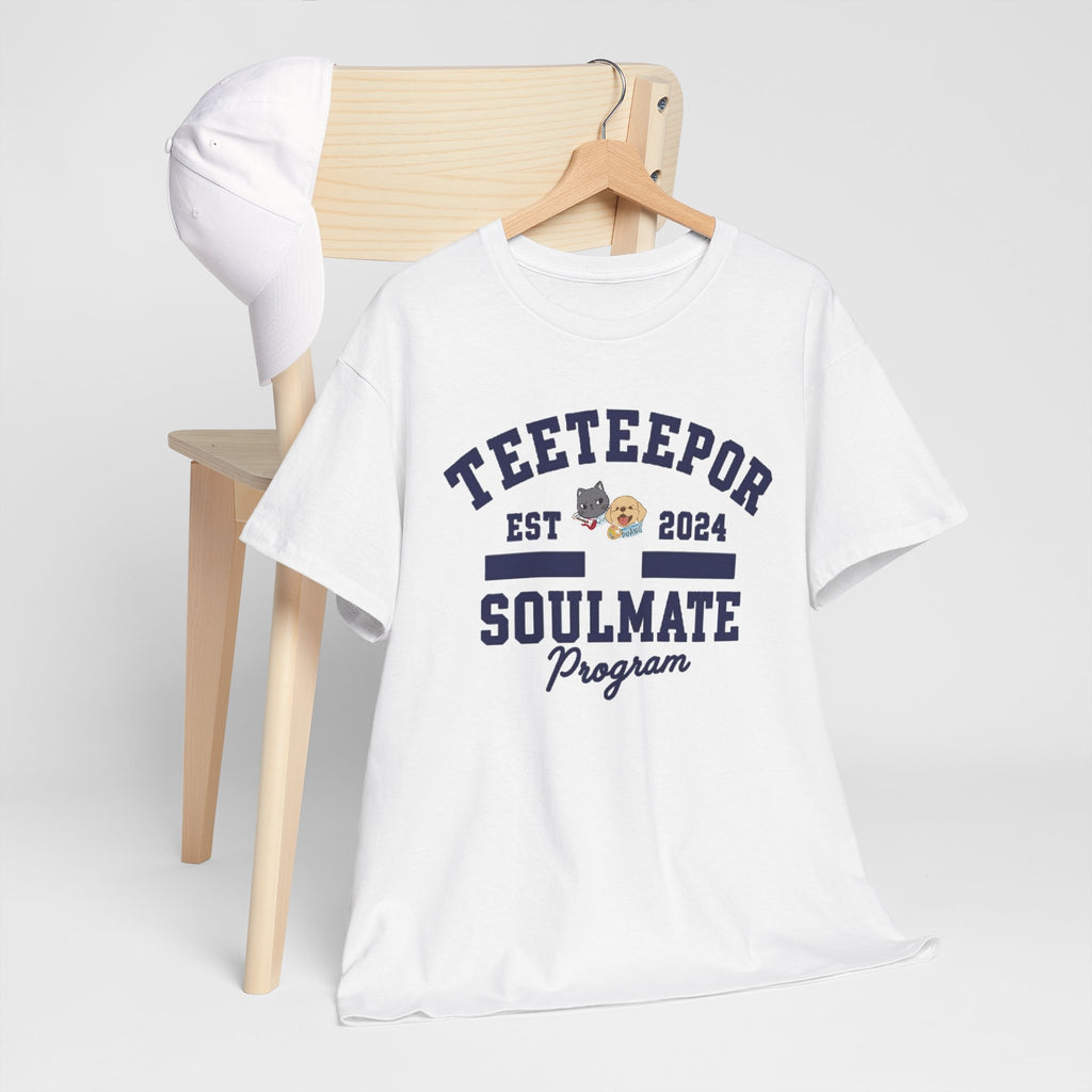 White TeeteePor Soulmate Program varsity tee on a wooden hanger
