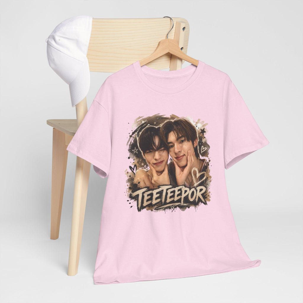 Folded light pink TeeteePor graffiti t-shirt, front view — TeeTee and Por, Duang With You Thai BL fan merch