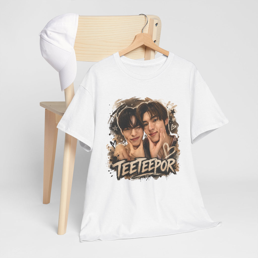 Folded white TeeteePor graffiti t-shirt, front view — TeeTee and Por, Duang With You Thai BL fan merch