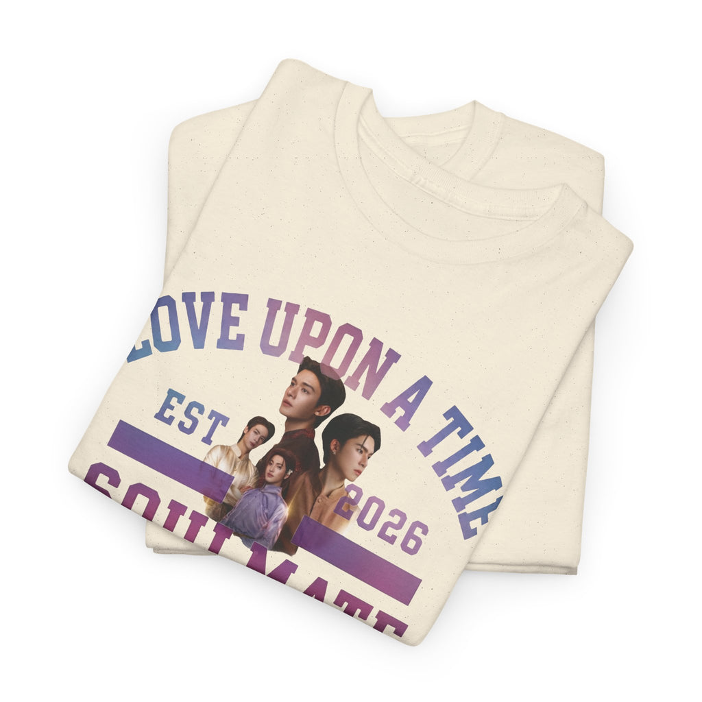 Folded natural Love Upon a Time Soulmate Program varsity t-shirt — NetJJ and LatteKim Thai BL fan merch
