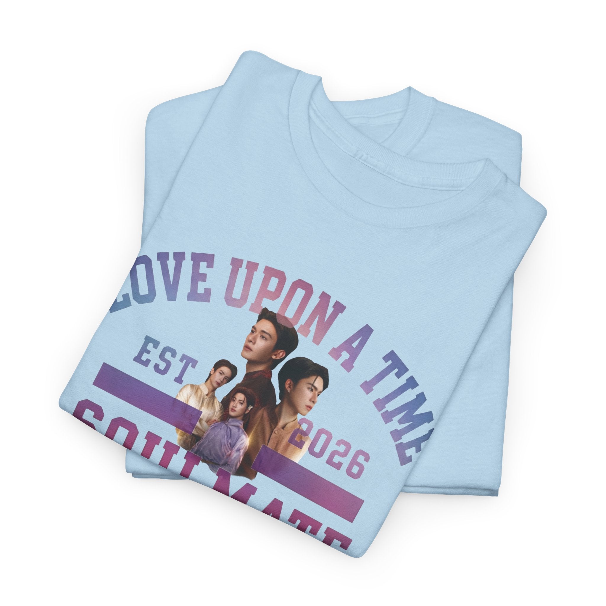 Folded light blue Love Upon a Time Soulmate Program varsity t-shirt — NetJJ and LatteKim Thai BL fan merch