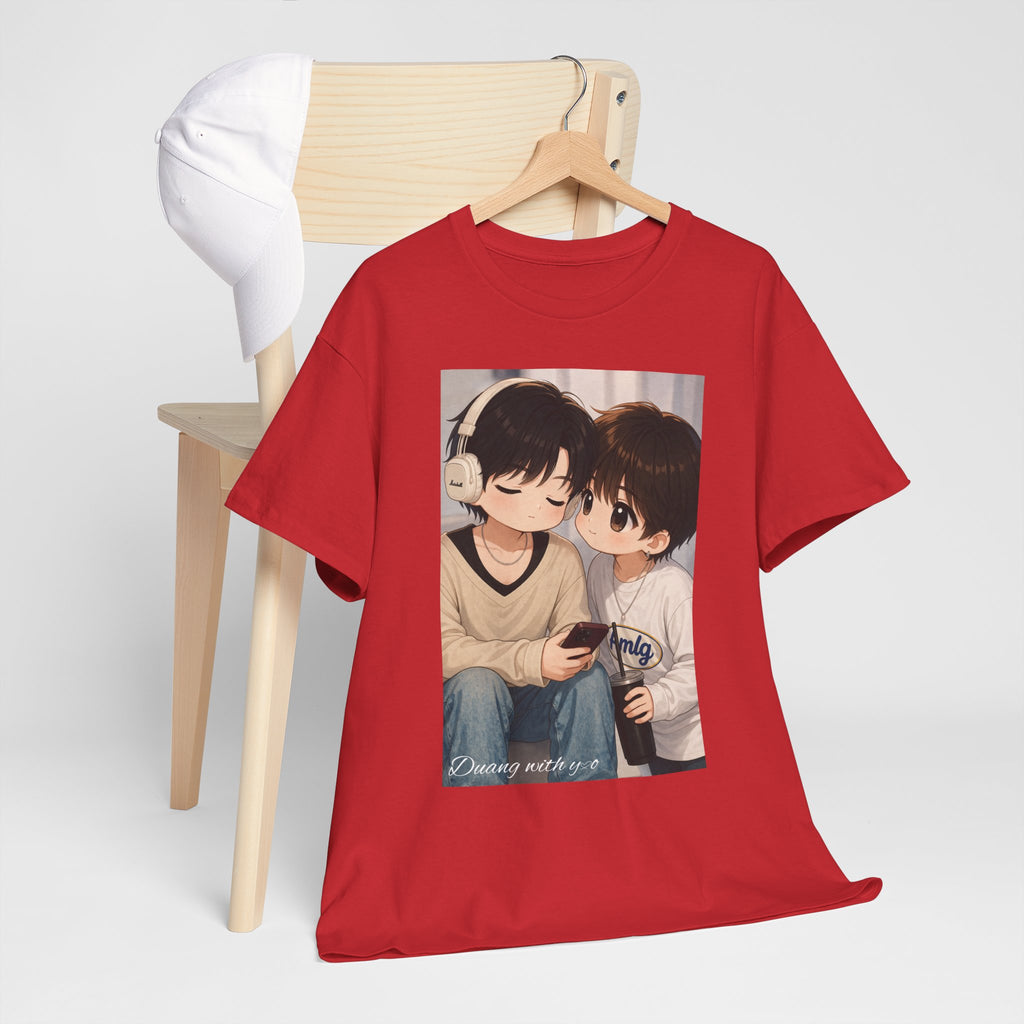 Red Duang With You TeeteePor chibi couple tee on a wooden hanger