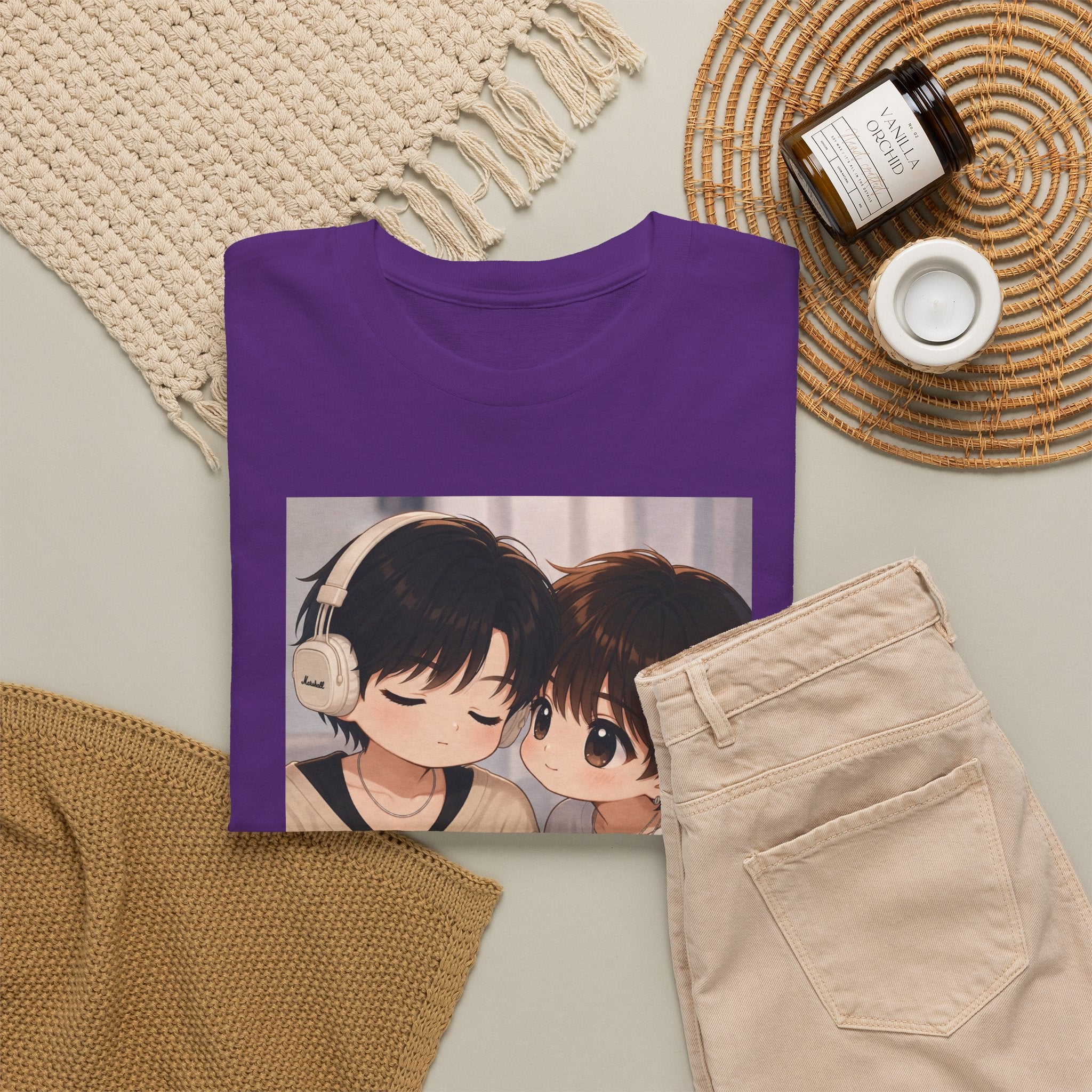 Purple Duang With You TeeteePor chibi tee, flat-lay styled with neutral props