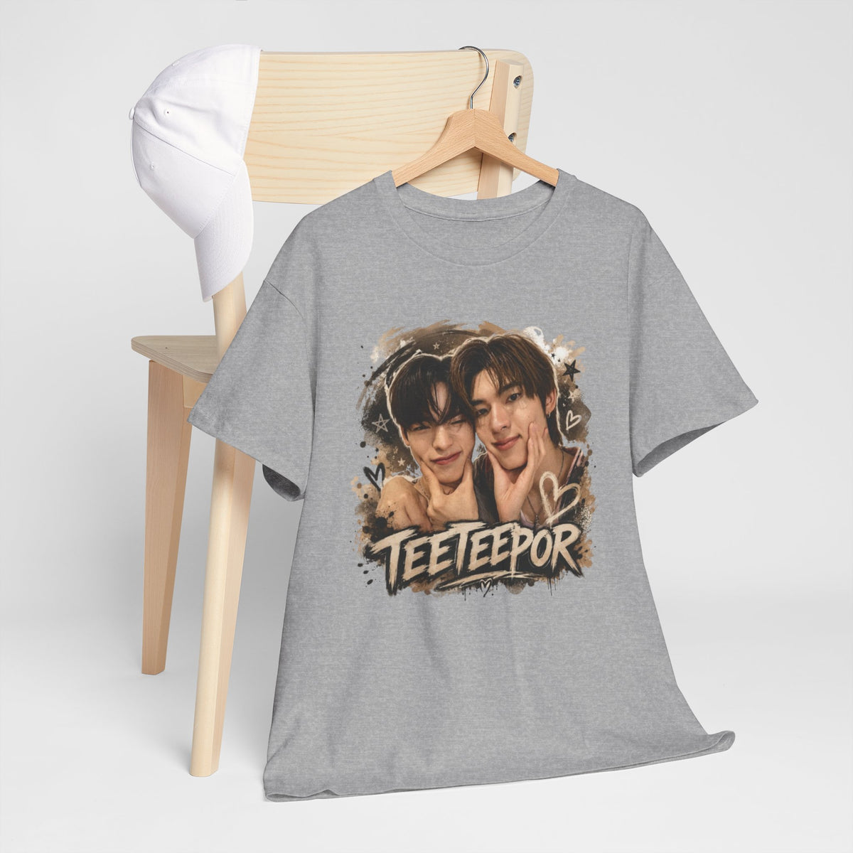Folded sport grey TeeteePor graffiti t-shirt, front view — TeeTee and Por, Duang With You Thai BL fan merch