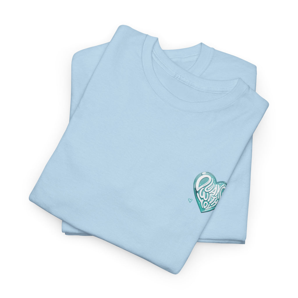 Folded light blue Duang With You t-shirt with mint heart chest print — TeeteePor Thai BL fan merch