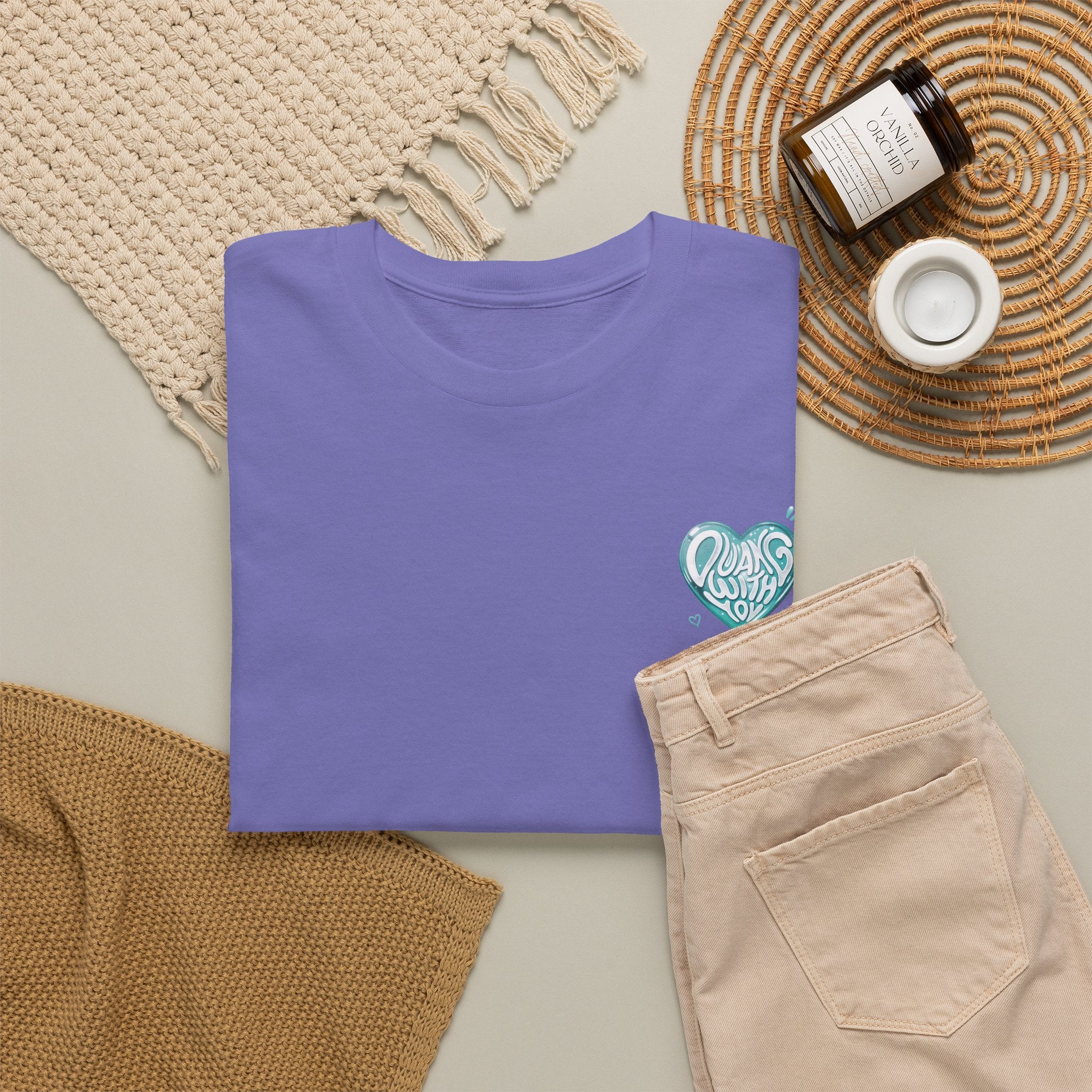 Violet Duang With You t-shirt styled flat with chinos and coffee — TeeteePor Thai BL fan merch