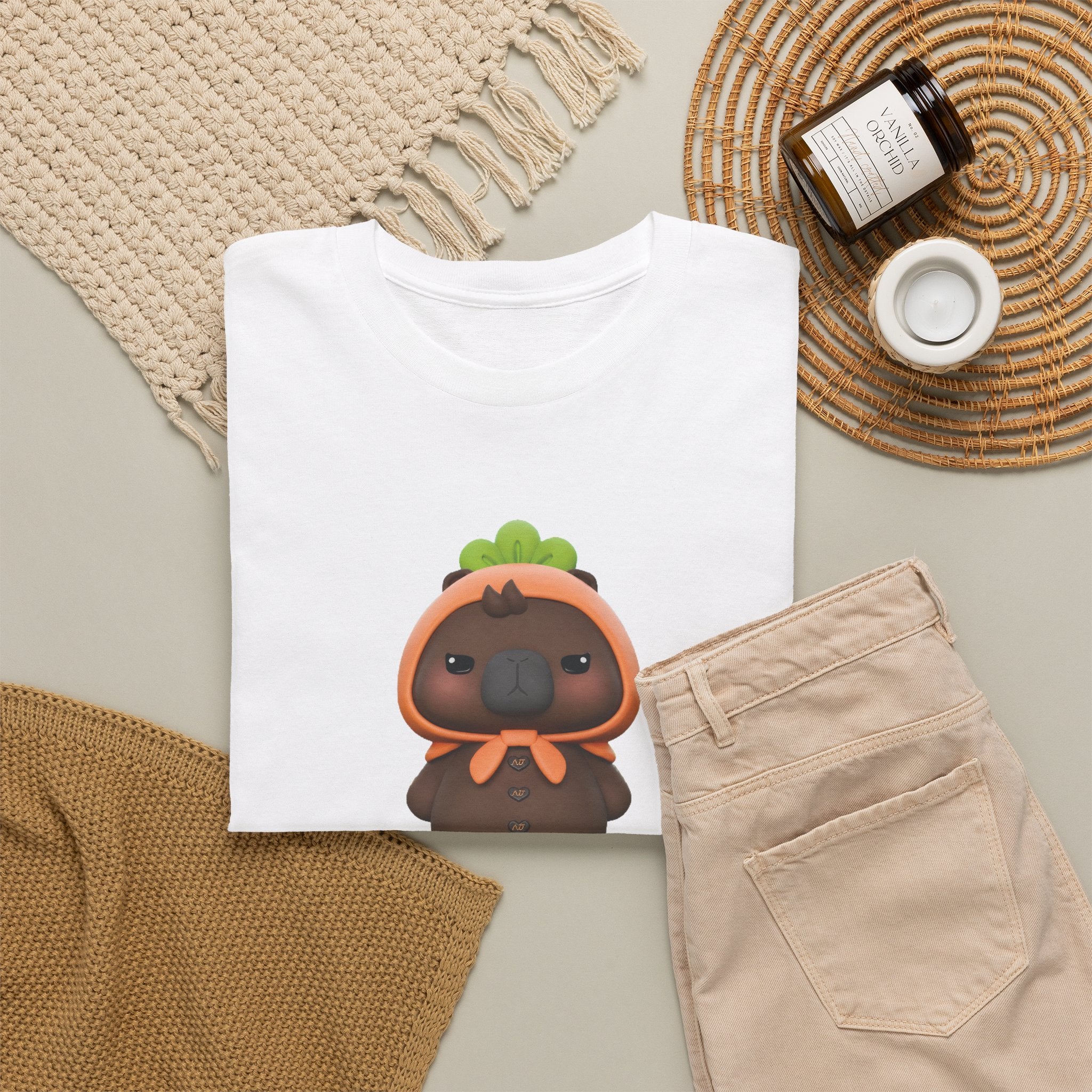 White NetJJ JookKroo mascot t-shirt styled flat with chinos and coffee — Thai BL fan merch