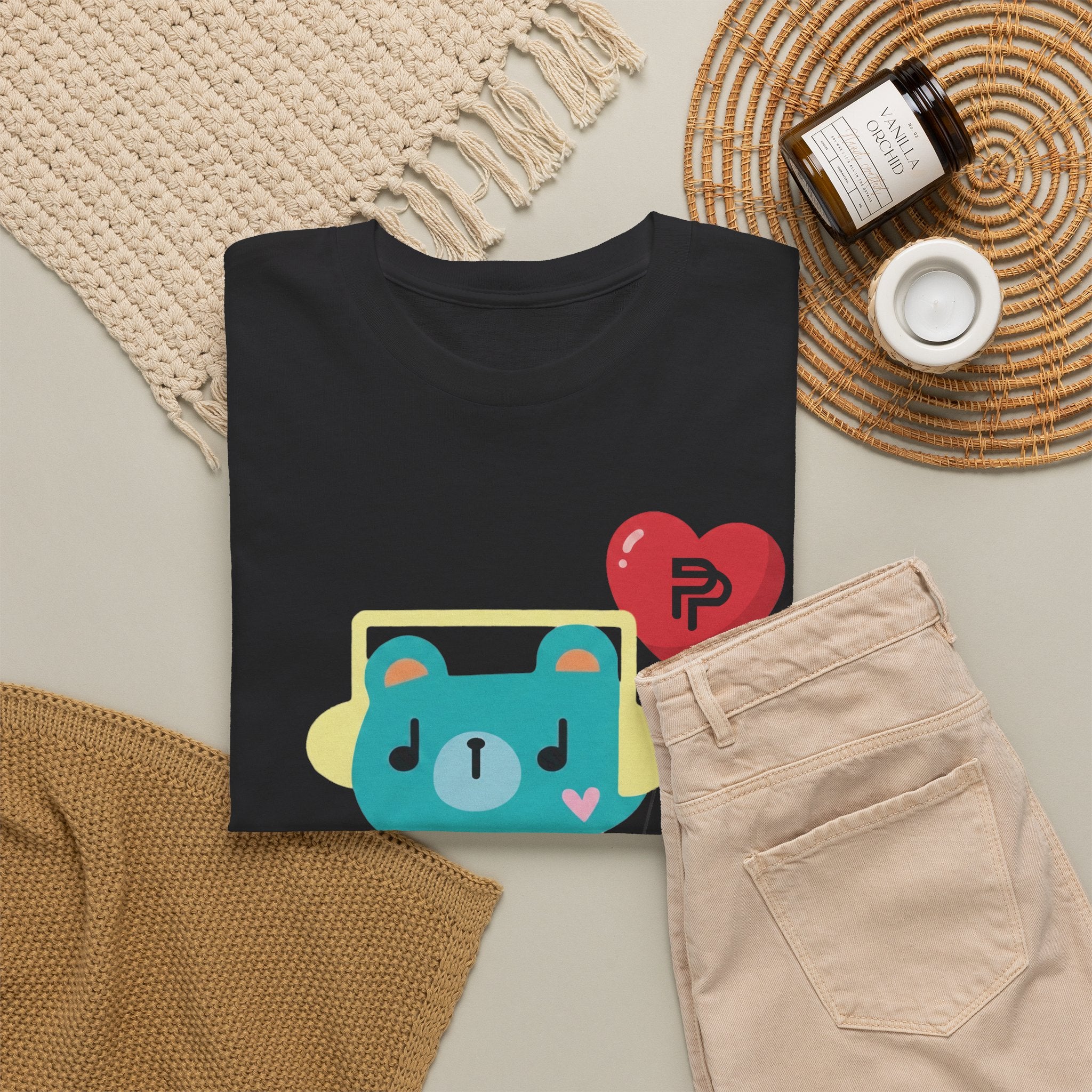 PondPhuwin 'Permpoon' bear mascot t-shirt in black — Thai BL fan merch